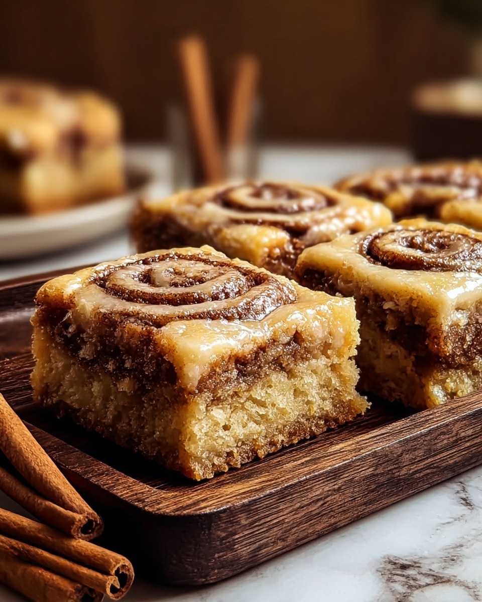 The image shows four square cinnamon roll bars arranged tightly on a dark plate, each bar having two visible layers: the bottom layer is a dense, light brown dough with dark brown cinnamon swirls embedded inside, and the top layer is a lighter, soft dough with a glossy cinnamon swirl on top. The cinnamon swirls in both layers are rich dark brown, giving a spiral shape that contrasts with the creamy tan dough around them. The plate rests on a wooden surface next to two cinnamon sticks, with a softly blurred background. photo taken with an iphone --ar 4:5 --v 7