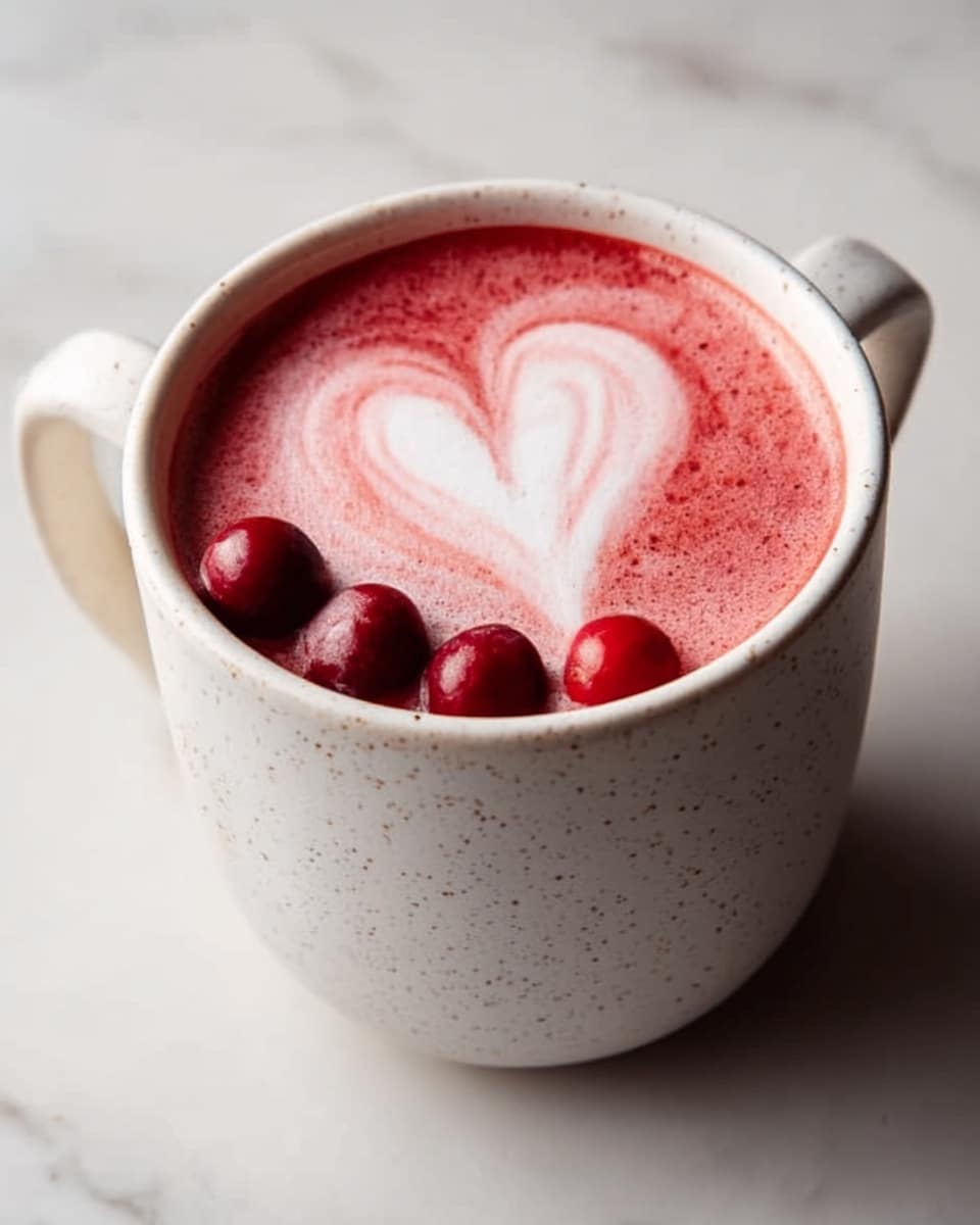 A white speckled ceramic mug filled with a bright pink and white latte that has a heart shape made from foam on top. On the surface of the drink, there are four round red berries placed near the rim of the mug. The mug sits on a white marbled surface with soft natural light creating gentle shadows. Photo taken with an iphone --ar 4:5 --v 7