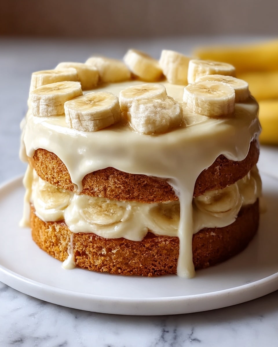 A two-layer round banana cake with light golden crumb sits on a white cake stand with a short wooden base. Each cake layer is separated by a thick, creamy white frosting, which also coats the top and sides unevenly with soft, slightly dripping edges. On the top layer, round banana slices are neatly arranged in a tight ring along the edge, their pale cream and yellow shades contrasting with the white frosting. The cake is missing a slice, revealing the moist texture inside. The whole scene is set against a white marbled texture surface. photo taken with an iphone --ar 4:5 --v 7
