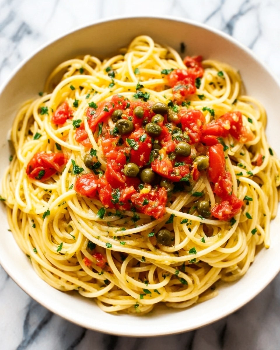 A white bowl on a white marbled surface holds a dish of spaghetti topped with small pieces of bright red tomatoes and green herbs. The spaghetti is light yellow and mixed with the tomato and herb pieces, giving a fresh and colorful look. The textures show the soft pasta strands underneath with the slightly rough chopped tomatoes and fresh green bits on top. Photo taken with an iphone --ar 4:5 --v 7