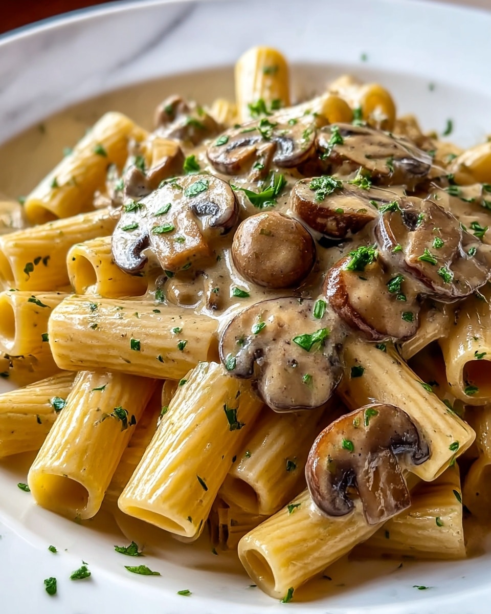 A white plate holds a close-up of creamy mushroom rigatoni pasta. The rigatoni is light yellow with ridges, coated in a smooth, light brown creamy sauce. Slices of browned, cooked mushrooms are spread throughout the dish, sitting on top and mixed in with the pasta. Small green parsley bits are sprinkled over the top, adding a fresh contrast to the warm, earthy colors of the mushrooms and sauce. The plate is set against a white marbled texture surface. photo taken with an iphone --ar 4:5 --v 7