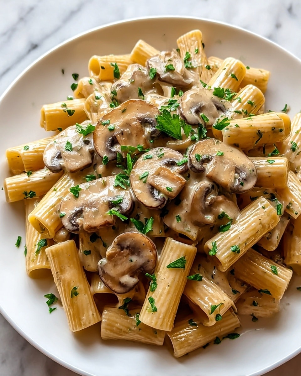 This image shows a close-up of rigatoni pasta mixed with creamy mushroom sauce, served on a white plate. The dish has rigatoni pasta tubes in pale yellow, covered in a smooth light brown mushroom sauce with visible creamy texture. Slices of browned mushrooms, some with dark, grilled spots, are scattered evenly throughout, sitting on top and mixed in the sauce. Small pieces of bright green parsley are sprinkled on the pasta, adding a fresh color contrast. The white plate rests on a white marbled surface. Photo taken with an iphone --ar 4:5 --v 7