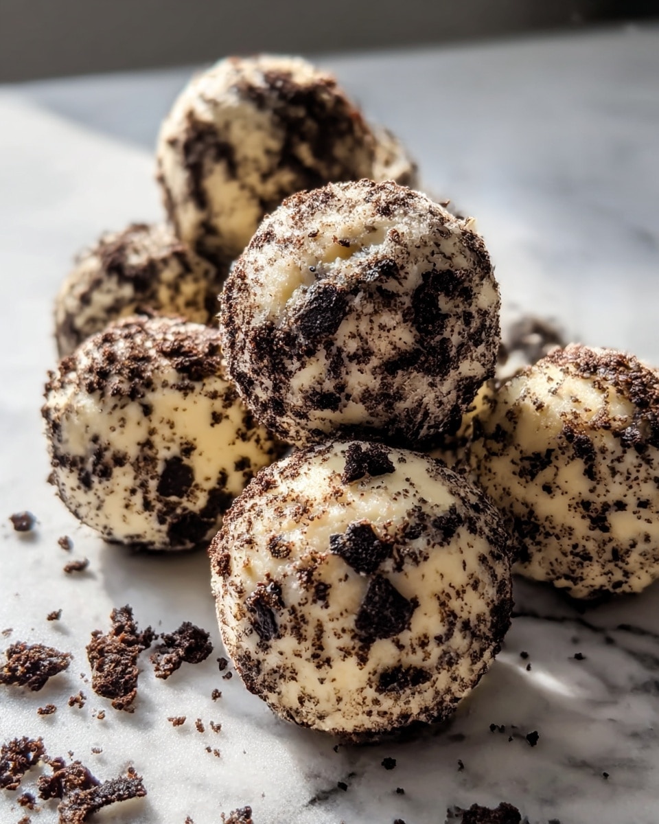 A close-up image of seven round dessert balls, arranged in a small pyramid on a white marbled surface. Each ball has a creamy white base layer covered with a speckled dark crumbly coating that looks like crushed cookies, giving a textured and slightly rough appearance. Crumbs are scattered around the base of the pyramid, adding to the visual texture. The background is softly blurred, putting focus on the dessert balls. photo taken with an iphone --ar 4:5 --v 7