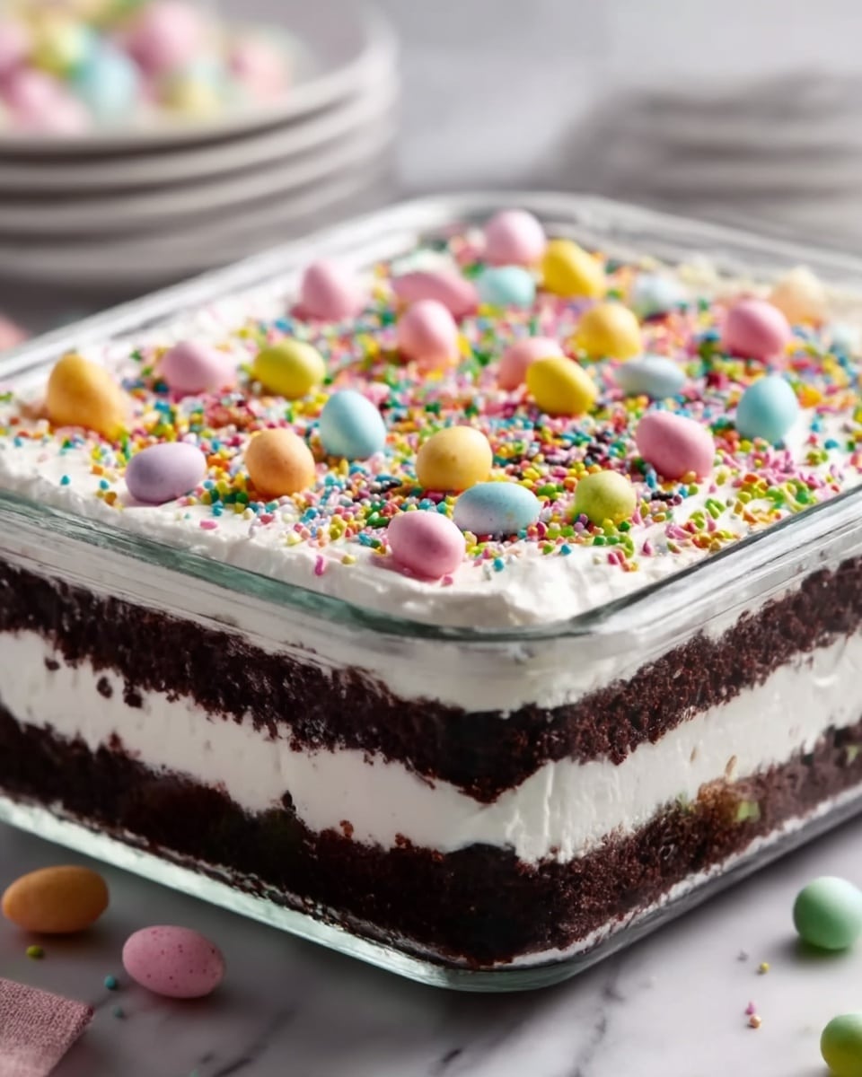 The image shows a clear glass square dish with a layered dessert inside. The bottom layer is dark brown chocolate cake, followed by a thick white cream layer. This pattern repeats twice, making three dark brown cake layers and two white cream layers visible. The top layer is white cream, decorated with colorful pastel candy eggs and multicolored sprinkles spread evenly. The dish is placed on a white marbled surface with some white plates stacked in the background. photo taken with an iphone --ar 4:5 --v 7