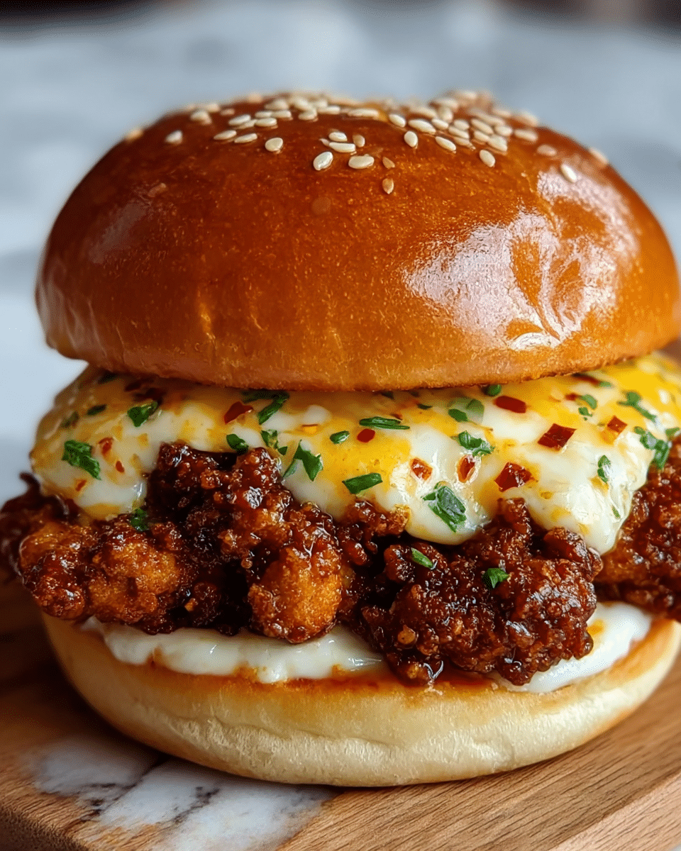 A close-up view of a sandwich with three main layers: the bottom layer is a soft, light beige bun with a slightly rough texture, the middle layer consists of crispy, golden-brown fried chicken bites coated in a sticky, shiny sauce, and the top layer is a smooth, shiny golden-brown bun sprinkled with white sesame seeds. On top of the chicken, there is a layer of melted white and yellow cheese mixed with small pieces of green herbs and red chili flakes. The sandwich sits on a wooden surface with a blurred dark background. photo taken with an iphone --ar 4:5 --v 7