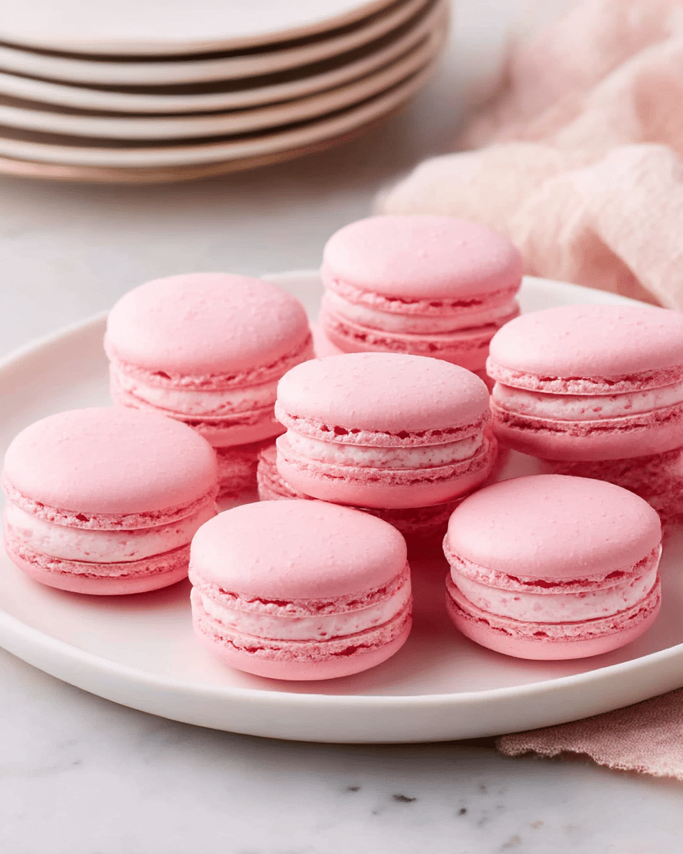 The image shows a plate of seven pink macarons arranged neatly on a white plate. Each macaron has two smooth, round pink cookie layers with a slightly rough edge, sandwiching a creamy light pink filling layer in the middle. The macarons are placed closely but not touching, and the plate rests on a white marbled surface with a soft beige and cream cloth nearby. A stack of white plates is partially visible in the background, adding depth to the scene. photo taken with an iphone --ar 4:5 --v 7