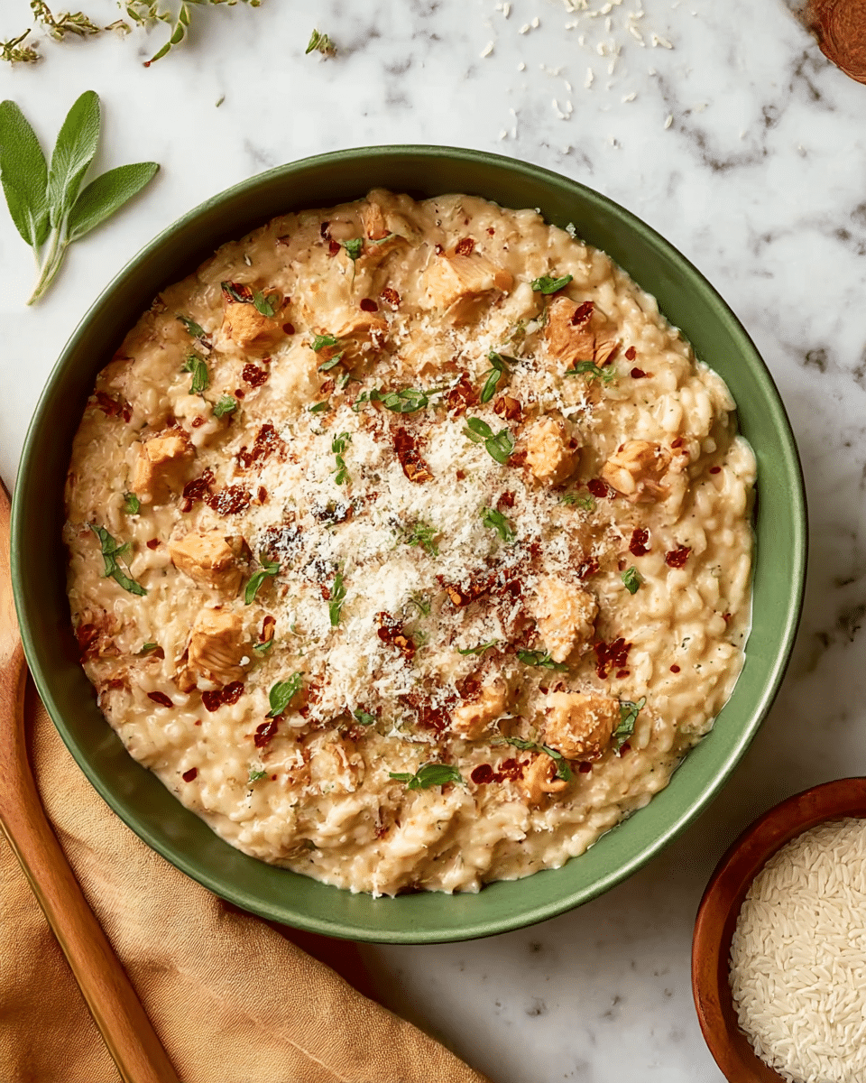 A round green bowl filled with creamy risotto having a soft beige color with specks of bright green herbs and small dark red bits sprinkled on top. There are pieces of golden-brown cooked chicken spread across the risotto, and the dish is lightly dusted with white grated cheese. The bowl is placed on a soft pinkish-brown cloth on a white marbled surface, with a wooden spoon nearby and wheat stalks and a small wooden bowl of white rice in the background. photo taken with an iphone --ar 4:5 --v 7