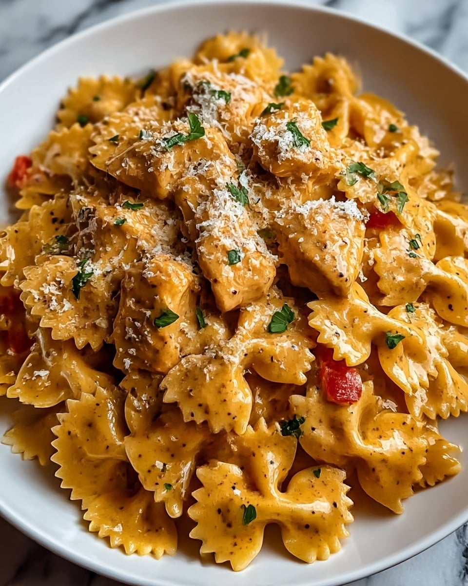 A white plate holds a generous serving of bow tie pasta coated in a creamy, light brown sauce with visible black pepper specks, giving it a textured look. Mixed within the pasta are small pieces of red bell pepper, adding bright red spots throughout the dish. The pasta and sauce are topped with a sprinkle of crumbly white cheese and small green herb leaves scattered evenly for garnish. The pasta pieces have a smooth, slightly glossy surface where the sauce clings, and the whole dish sits on a white marbled surface. photo taken with an iphone --ar 4:5 --v 7