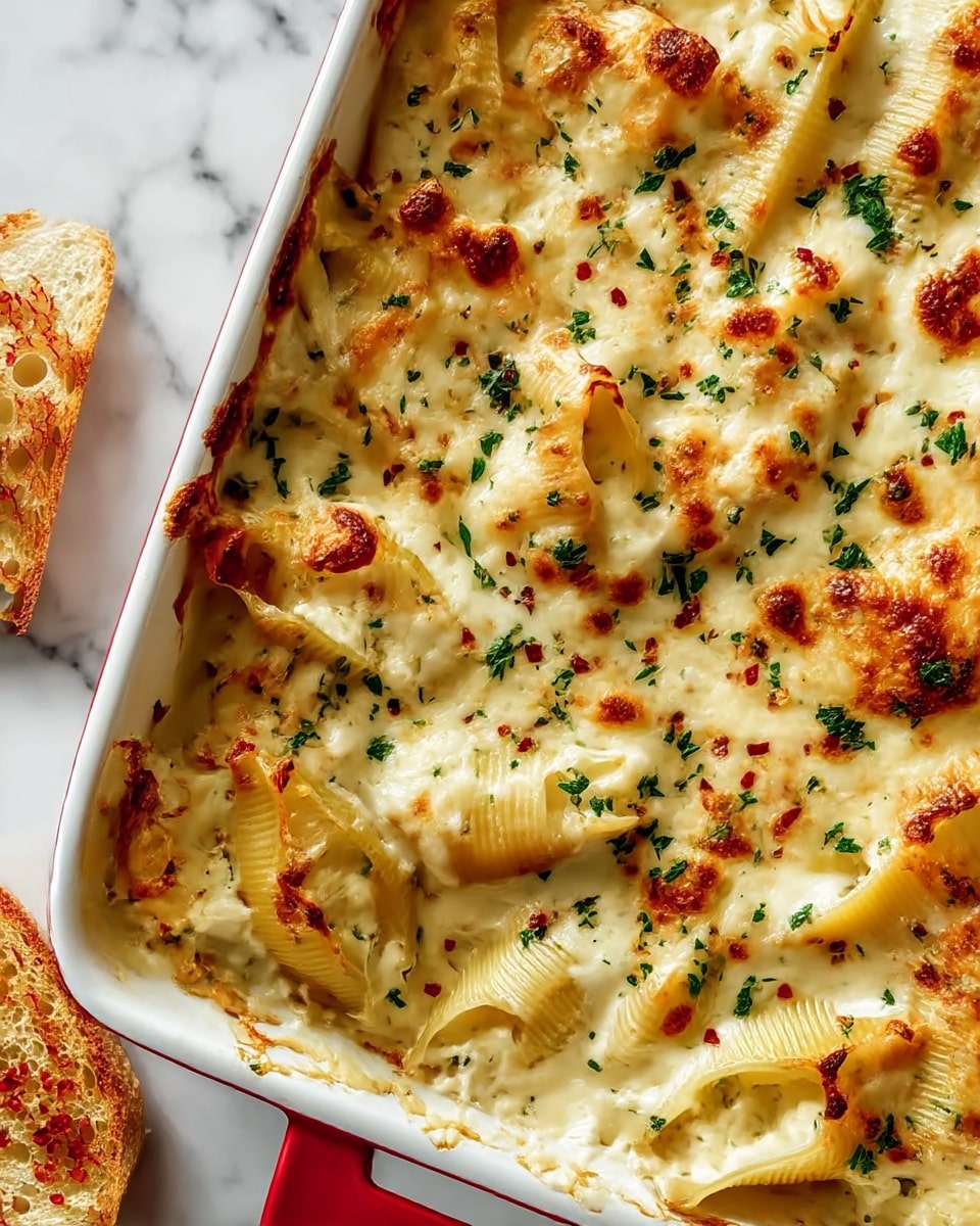 A close-up view of baked stuffed pasta shells in a white baking dish with a red handle, placed on a white marbled surface. The dish has a creamy, cheesy top layer with browned spots and melted cheese bubbling around the edges. The shells are filled, showing a pale yellow color beneath the cheese. There are green herbs sprinkled evenly across the top, adding a fresh touch, and some red chili flakes scattered lightly. The layers include the browned cheese surface, the pasta shells underneath, and creamy white sauce visible in between. Photo taken with an iphone --ar 4:5 --v 7
