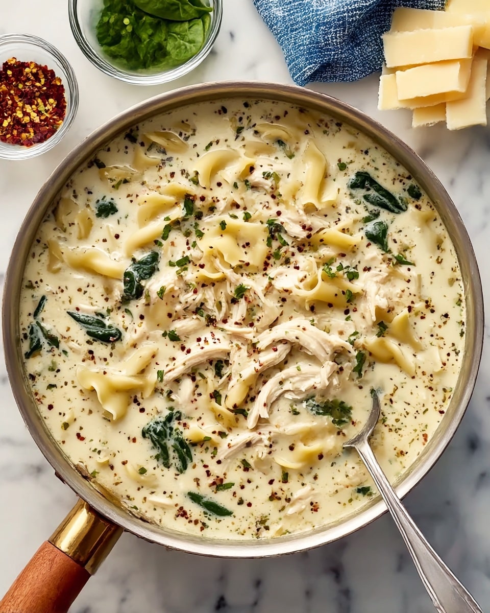 A close-up of a deep white bowl filled with creamy chicken pasta, showing three main layers: a creamy white sauce at the base with a smooth texture, tender off-white pasta pieces on top, and scattered green spinach leaves mixed throughout. Shredded pieces of light brown chicken are spread evenly within the sauce. The dish is sprinkled with small bits of green herbs and red chili flakes. The bowl rests on a white marbled surface with a glass jar of red chili flakes blurred in the background. Photo taken with an iphone --ar 4:5 --v 7