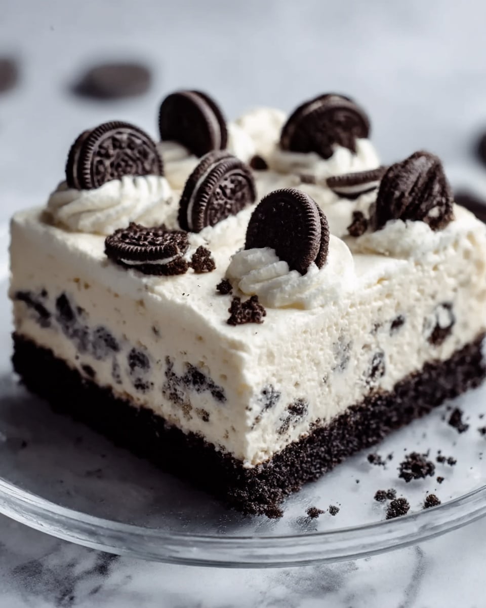 A square slice of dessert with three visible layers sits on a white marble surface. The bottom layer is dark brown and crumbly, made of crushed cookies. Above that is a thick white layer of creamy filling with small cookie pieces mixed inside. The top layer is a smooth white cream decorated evenly with whole black sandwich cookies placed flat. The edges are clean and the dessert is in a clear glass dish. Photo taken with an iphone --ar 4:5 --v 7