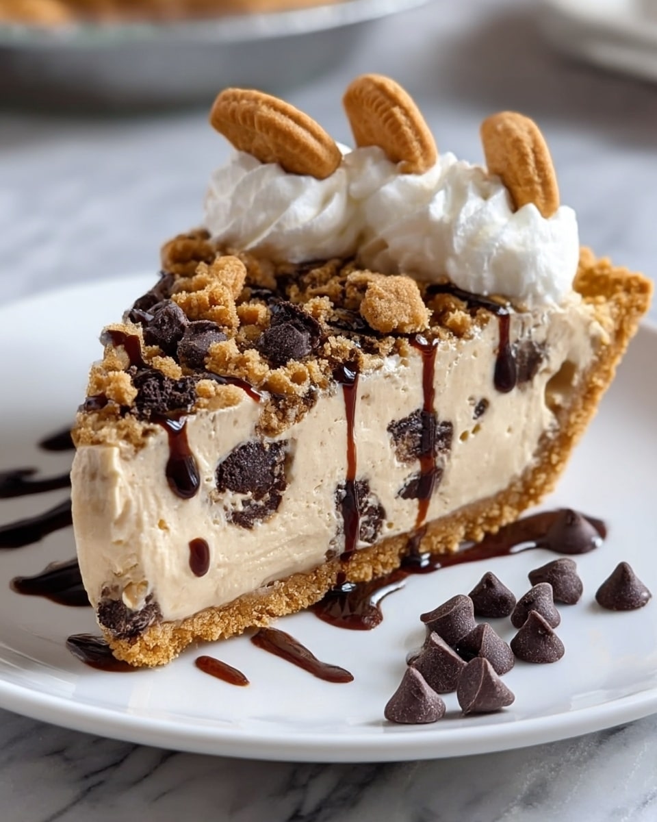 A slice of peanut butter pie with three visible layers sits on a white plate with a white marbled texture beneath it. The bottom layer is a crumbly golden brown crust. The middle layer is thick and creamy, light beige with dark chocolate chunks scattered inside. The top layer is a mix of crumbly brown bits and small chocolate pieces, all drizzled with dark chocolate sauce that runs down the sides. On top, there is a swirl of white whipped cream, decorated with small peanut butter cookie pieces and more chocolate drizzle. Extra chocolate sauce dots and small chocolate chunks are scattered on the plate around the slice. photo taken with an iphone --ar 4:5 --v 7