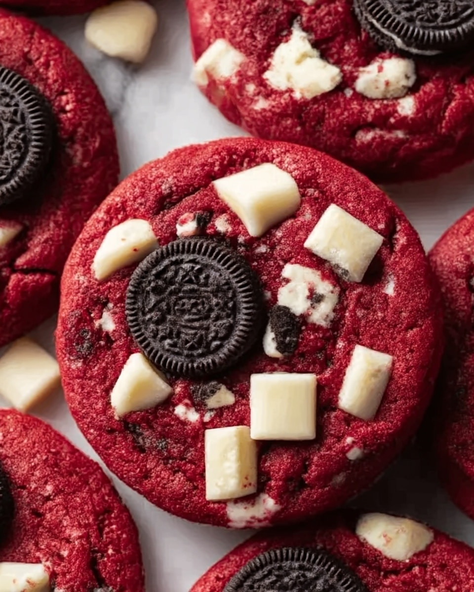 A close-up of red velvet cookies with two visible layers: the top layer shows deep red, soft cookie dough with slightly cracked texture, embedded with chunks of white chocolate and two small round chocolate sandwich cookies with white cream centers placed near the center. The background is a white marbled texture with parts of other cookies slightly visible around the main cookie. Photo taken with an iphone --ar 4:5 --v 7