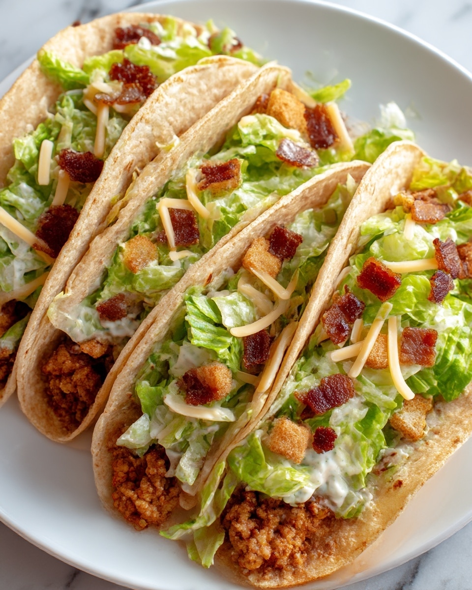 Three soft tacos are placed side by side on a white plate, resting on a white marbled surface. Each taco has a slightly browned, tender tortilla shell holding three main layers: the bottom layer is a well-cooked ground meat with a light brown color and a slightly crumbly texture, the middle layer is fresh chopped green lettuce mixed with creamy white dressing, and the top layer includes small golden-brown croutons and crispy reddish-brown bacon pieces. The colors contrast nicely, with the green lettuce providing freshness against the warm tones of the meat and crunchy toppings. photo taken with an iphone --ar 4:5 --v 7