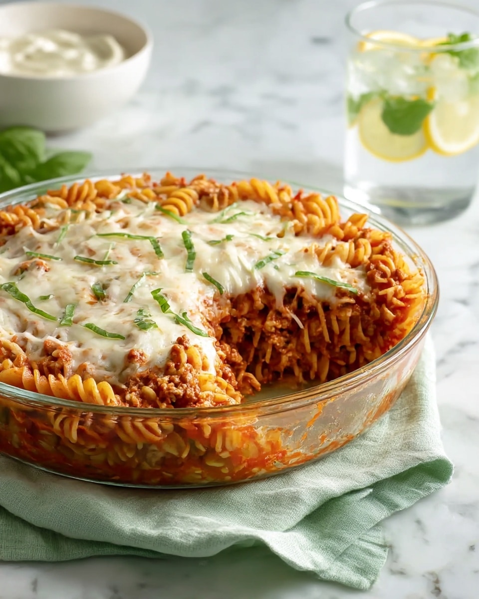 The dish is a baked pasta casserole in a clear round glass pie dish filled with several layers. The bottom layer is orange-red spiral pasta mixed evenly with tomato sauce. Above that is a thick layer of browned ground meat in rich tomato sauce. The top layer is a melted white cheese blanket that covers the meat and pasta, sprinkled with thinly sliced green basil leaves. One slice of the casserole is missing, showing the colorful layers inside. In the background, there is a blurred glass of water with lemon slices and green herbs and a small bowl of light-colored dip, all set on a white marbled surface with a soft green cloth nearby. photo taken with an iphone --ar 4:5 --v 7