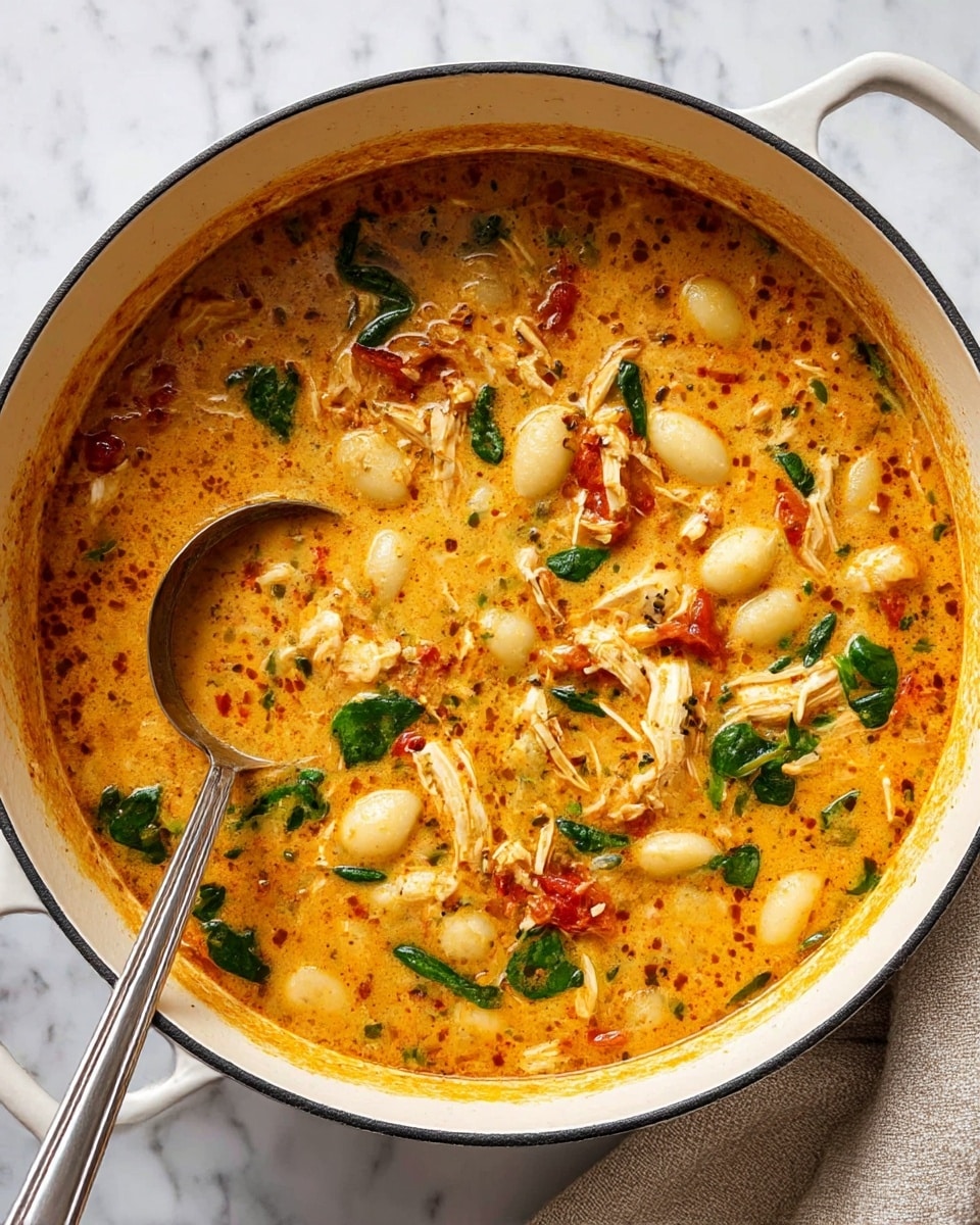 A large light gray pot filled with a creamy orange soup that has visible small squash-shaped gnocchi floating throughout. There are shredded pieces of chicken mixed in with finely chopped dark green spinach and small red tomato bits scattered evenly on the surface. The soup has a slightly oily texture with herbs sprinkled throughout, giving it a rich and hearty look. A silver ladle is dipped into the pot on the left side, lifting some gnocchi and soup. The pot is placed on a white marbled surface with a beige cloth napkin partially visible on the right. photo taken with an iphone --ar 4:5 --v 7