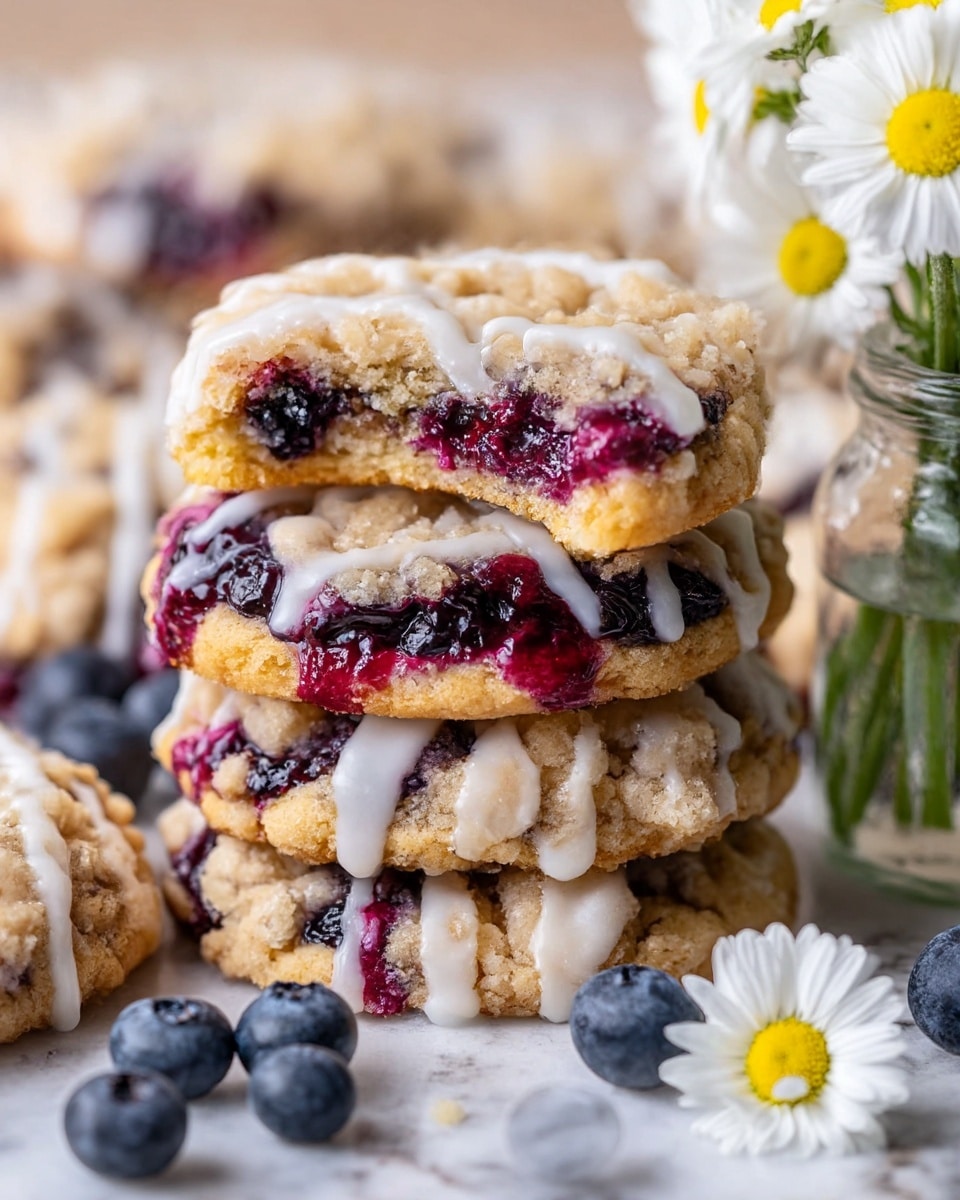 A close-up stack of crumbly cookies with three main layers: the bottom layer is a soft, light golden cookie with baked-in juicy dark blueberries, the middle layer is a thick filling of deep purple blueberry jam that oozes slightly from the sides, and the top layer is a golden crumbly streusel topping sprinkled with white glaze drizzled over it in thin lines. The cookies rest on a white marbled texture surface with scattered whole blueberries around, and a small clear glass jar filled with white and yellow daisy flowers sits gently to the side in the background. Photo taken with an iphone --ar 4:5 --v 7