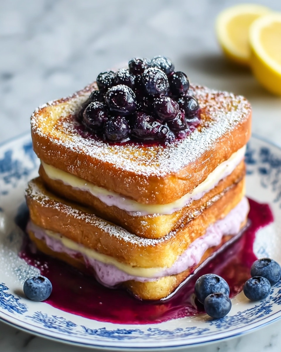 Two thick slices of golden-brown French toast are stacked on a white plate with blue patterns. Between the slices, there is a creamy layer of light purple blueberry filling that slightly oozes out. On top of the upper slice, a small pile of fresh, shiny blueberries rests in the center, with a drizzle of thick dark purple syrup running down the sides. The French toast is lightly dusted with powdered sugar. Some extra blueberries and a slice of lemon sit on the side of the plate. The scene is set on a white marbled texture. photo taken with an iphone --ar 4:5 --v 7