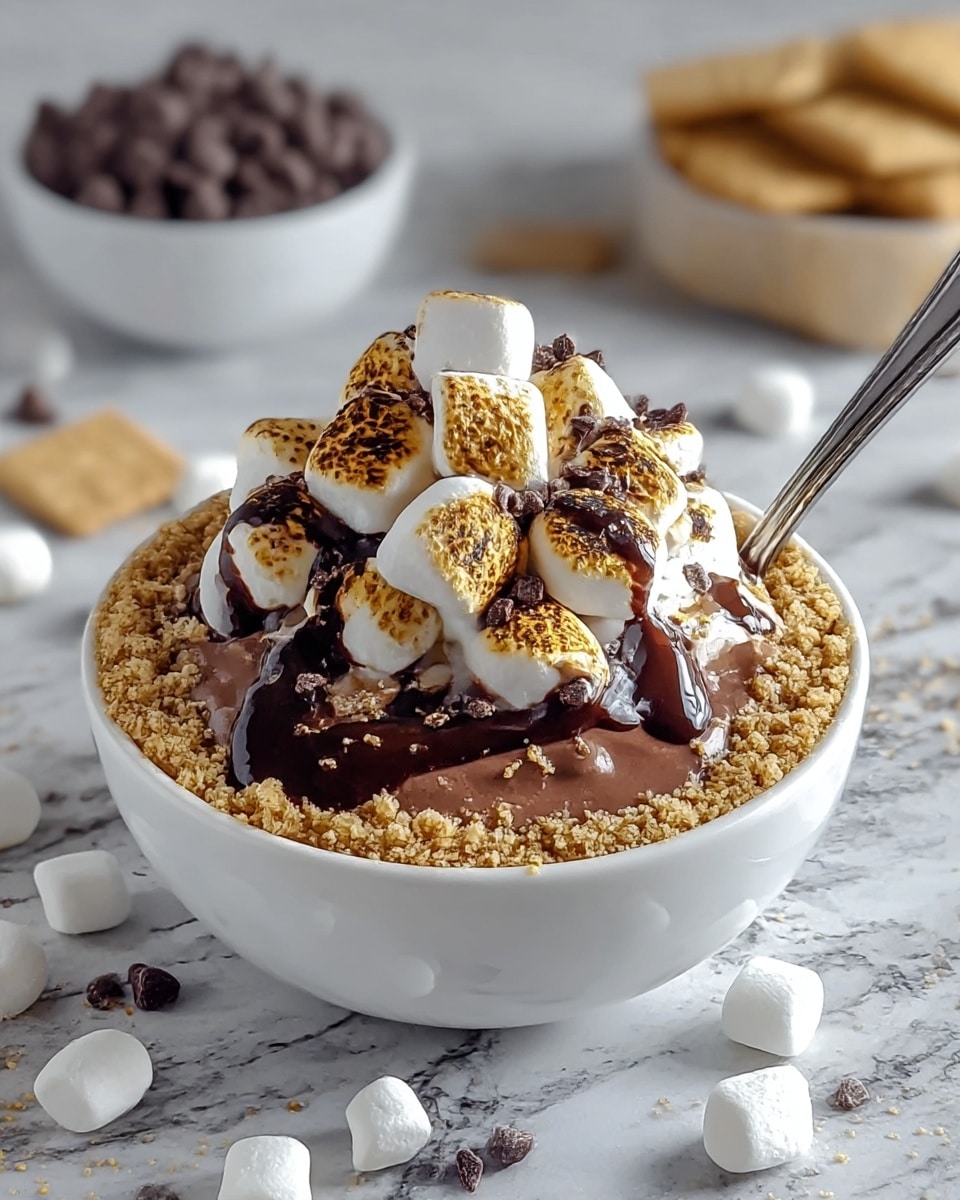 A white bowl filled with creamy light brown hot chocolate as the base layer, topped generously with crushed golden-brown graham crackers scattered around the edges. On top of this are large white marshmallows toasted to a golden brown with black charred spots, forming a slightly uneven pile. Rich dark brown chocolate syrup drips over the marshmallows, adding a glossy texture, and small dark chocolate chips are sprinkled over everything. A silver spoon is placed inside the bowl, and the bowl is set on a white marbled surface with some chocolate chips and marshmallows around it. Photo taken with an iphone --ar 4:5 --v 7