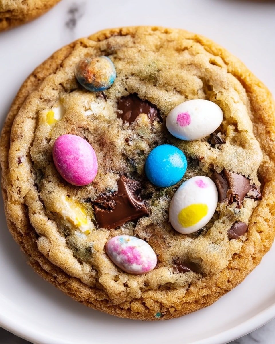 A close-up of a thick, round cookie with a golden-brown color and a soft, slightly cracked texture. The cookie contains colorful candy-coated pieces in pink, yellow, blue, and purple arranged mostly in the center, with melted milk chocolate chunks spread evenly around them, blending into the cookie dough. It sits on a white plate placed on a white marbled surface. The edges of the cookie are slightly raised and a bit darker brown, showing a crispier texture. Photo taken with an iphone --ar 4:5 --v 7