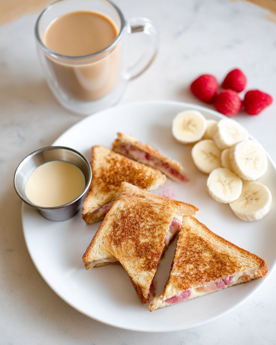 A white plate holding four triangular pieces of golden brown grilled sandwich with a visible reddish jam and white melted filling inside. Behind the sandwich, there are light yellow banana slices arranged in a small pile on the right side and bright red raspberries and strawberries on the left side. A small shiny silver cup filled with creamy white sauce is placed near the fruit on the left side of the plate. The plate is set on a white marbled surface with a tall glass cup filled with a beige beverage blurred in the background. Photo taken with an iphone --ar 4:5 --v 7