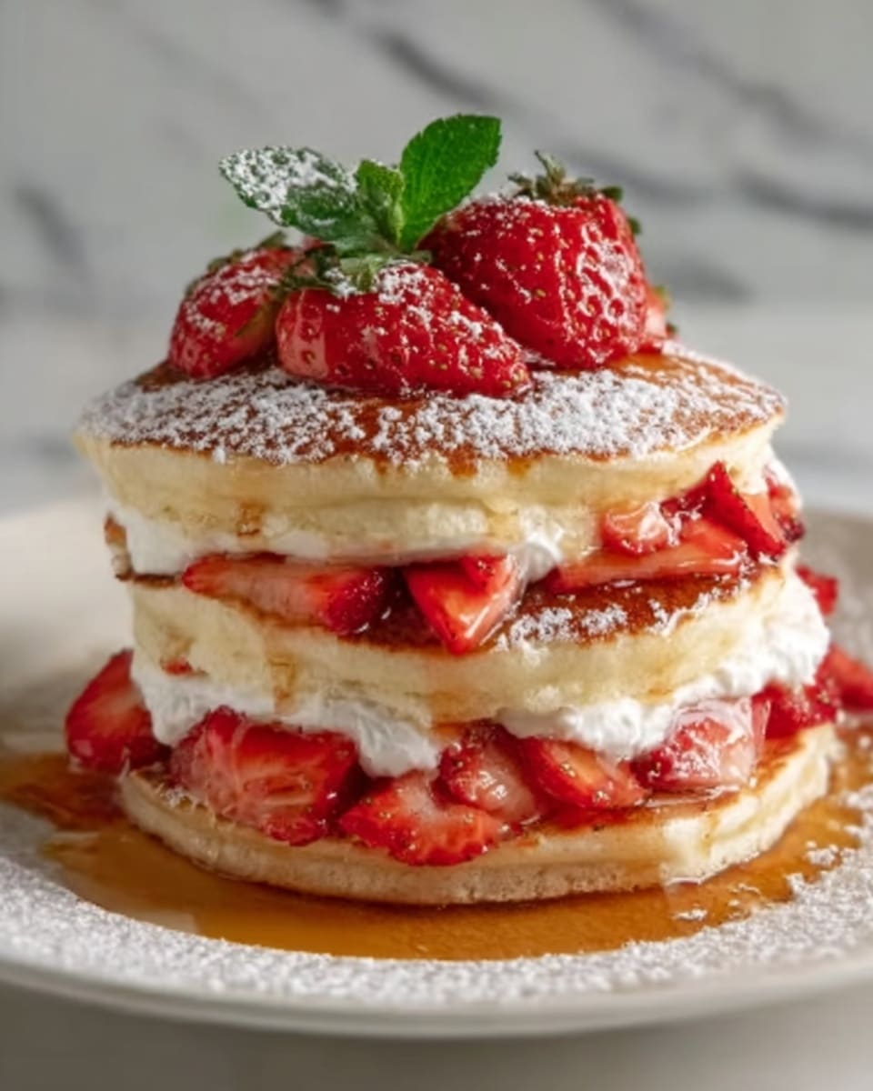 The image shows a stack of three thick pancakes on a white plate, layered with fresh red strawberry slices and white creamy filling between each pancake. The top pancake is decorated with whole strawberries, a small green mint leaf, and a light dusting of powdered sugar. The pancakes have a golden-brown color with a soft, fluffy texture. Some maple syrup is pooling around the base of the stack on the plate. The background features a white marbled texture. Photo taken with an iphone --ar 4:5 --v 7