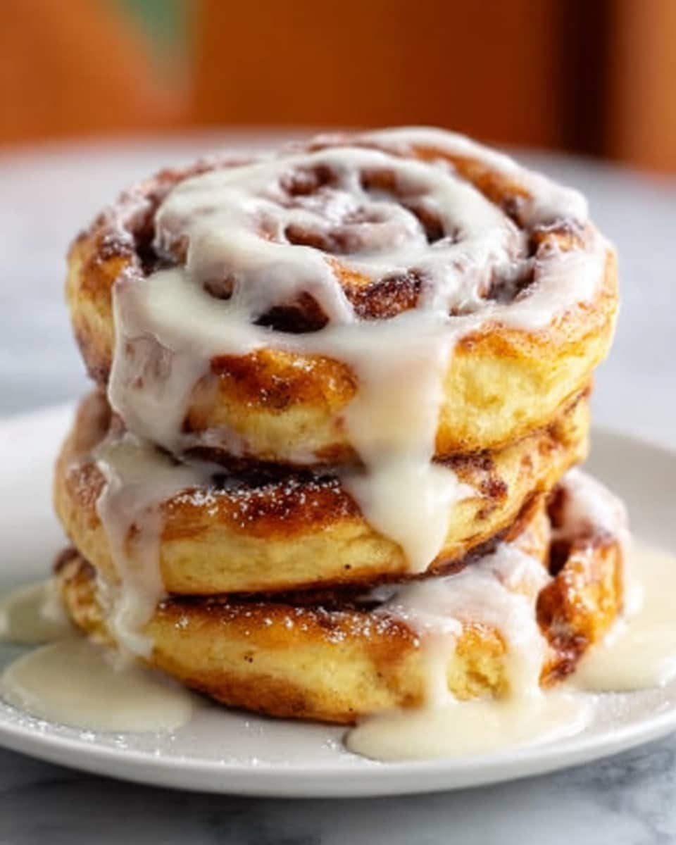 A stack of three thick cinnamon rolls is placed on a white plate over a white marbled surface. Each roll has a golden-brown crust with visible swirls of cinnamon inside. Creamy white icing drips down from the top roll, covering parts of each layer, creating a smooth and glossy texture that contrasts with the slightly rough cinnamon rolls. The background is softly blurred, keeping the focus on the warm, inviting pastry stack. photo taken with an iphone --ar 4:5 --v 7