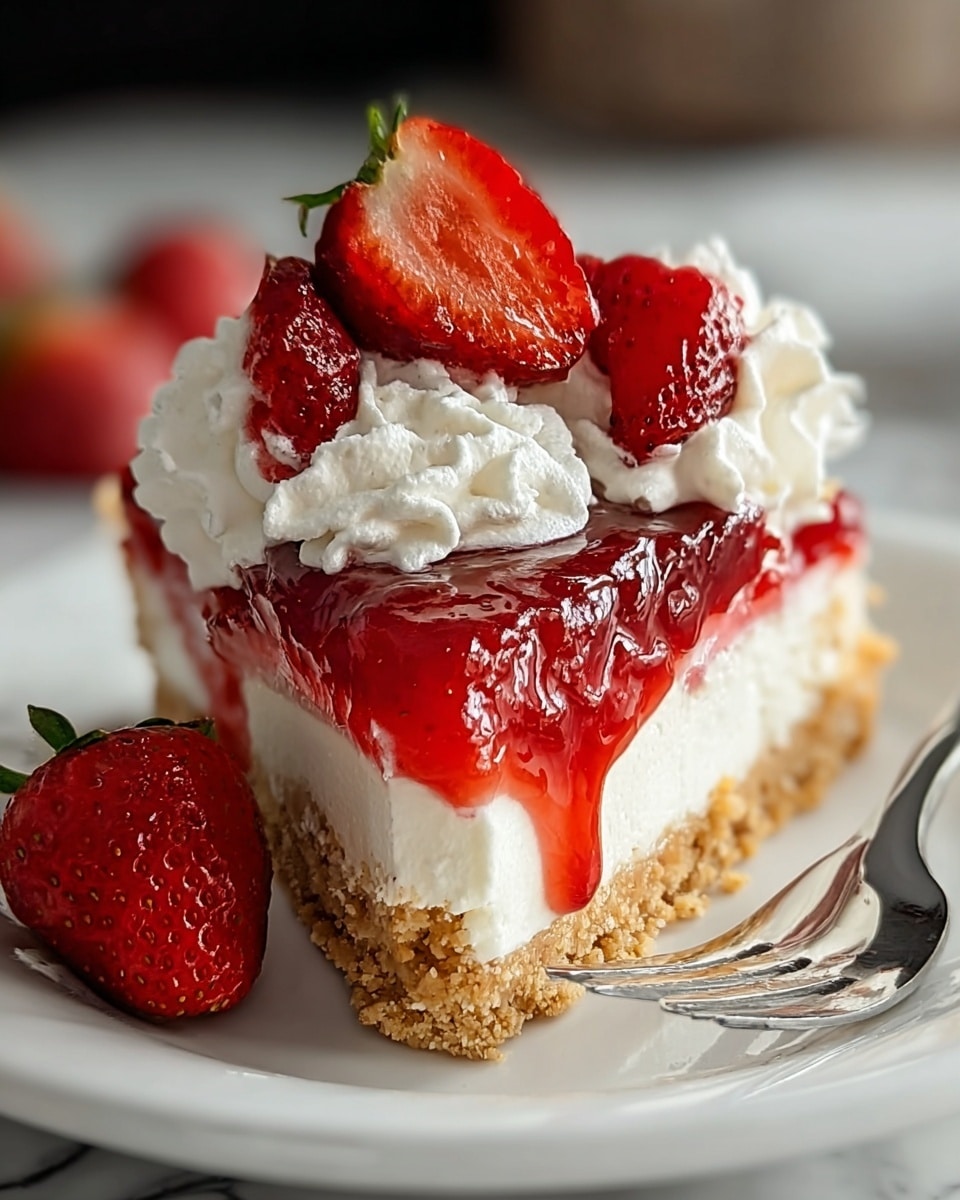 A slice of strawberry cheesecake is shown on a white plate with a silver fork to the right. The cheesecake has four visible layers starting with a thick, crumbly light brown crust at the bottom, followed by a smooth white cream cheese layer. Above that is a shiny, rich red strawberry sauce layer with a slightly glossy texture dripping down the sides. On top, there are fluffy dollops of white whipped cream, crowned with several fresh, bright red strawberries, some whole and one cut in half, with the seeds and green leaves visible. A single strawberry sits on the plate beside the cheesecake. The dessert is set against a white marbled texture background. photo taken with an iphone --ar 4:5 --v 7