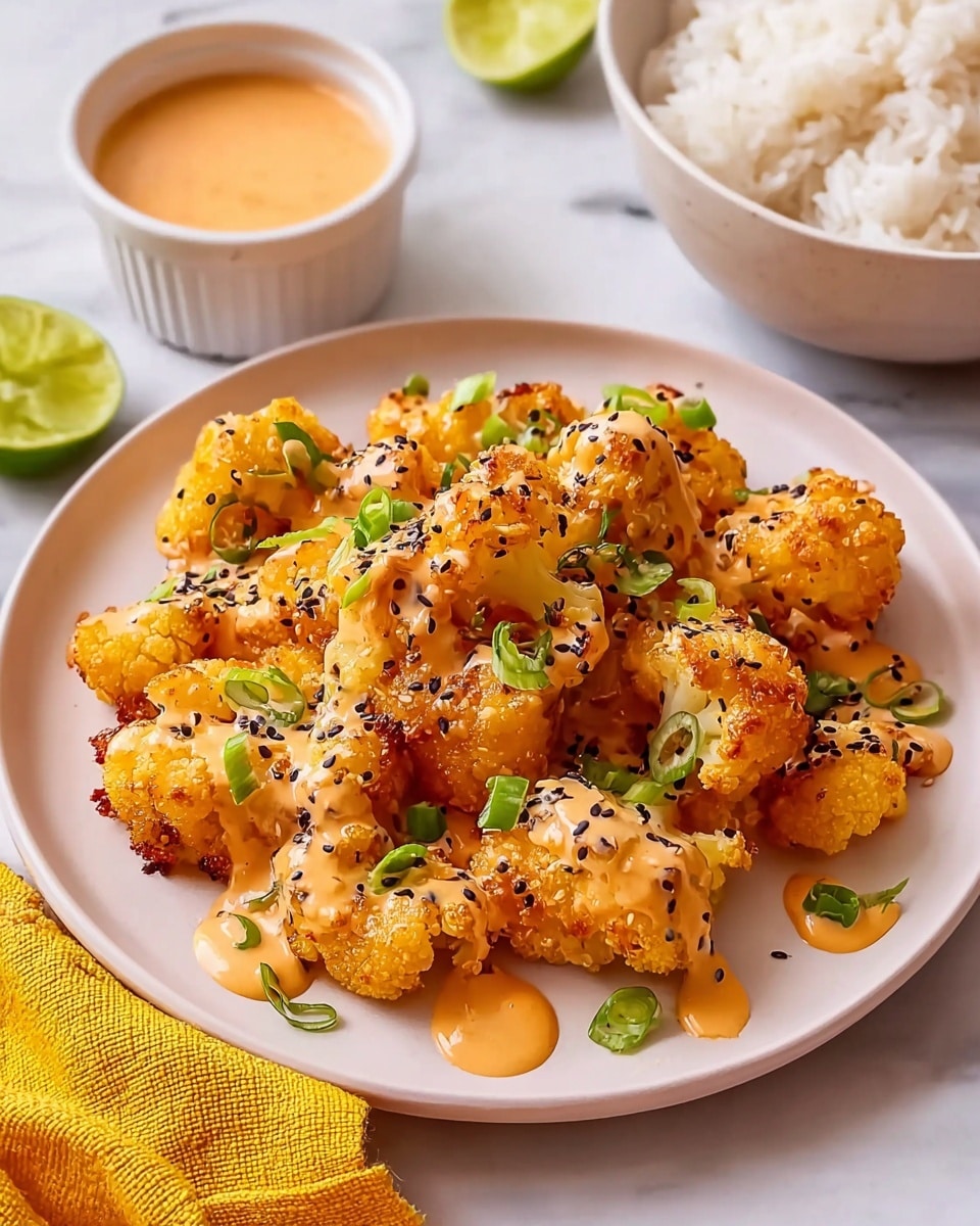 A white plate holds a single layer of golden brown, crispy cauliflower pieces drizzled generously with a light orange creamy sauce that has black sesame seeds mixed in, topped with small green scallion slices scattered evenly across; in the background, a white bowl of plain white rice is partially visible on a white marbled surface, alongside a small white ramekin filled with more of the light orange sauce, and a folded yellow cloth with a small wedge of lime nearby. photo taken with an iphone --ar 4:5 --v 7