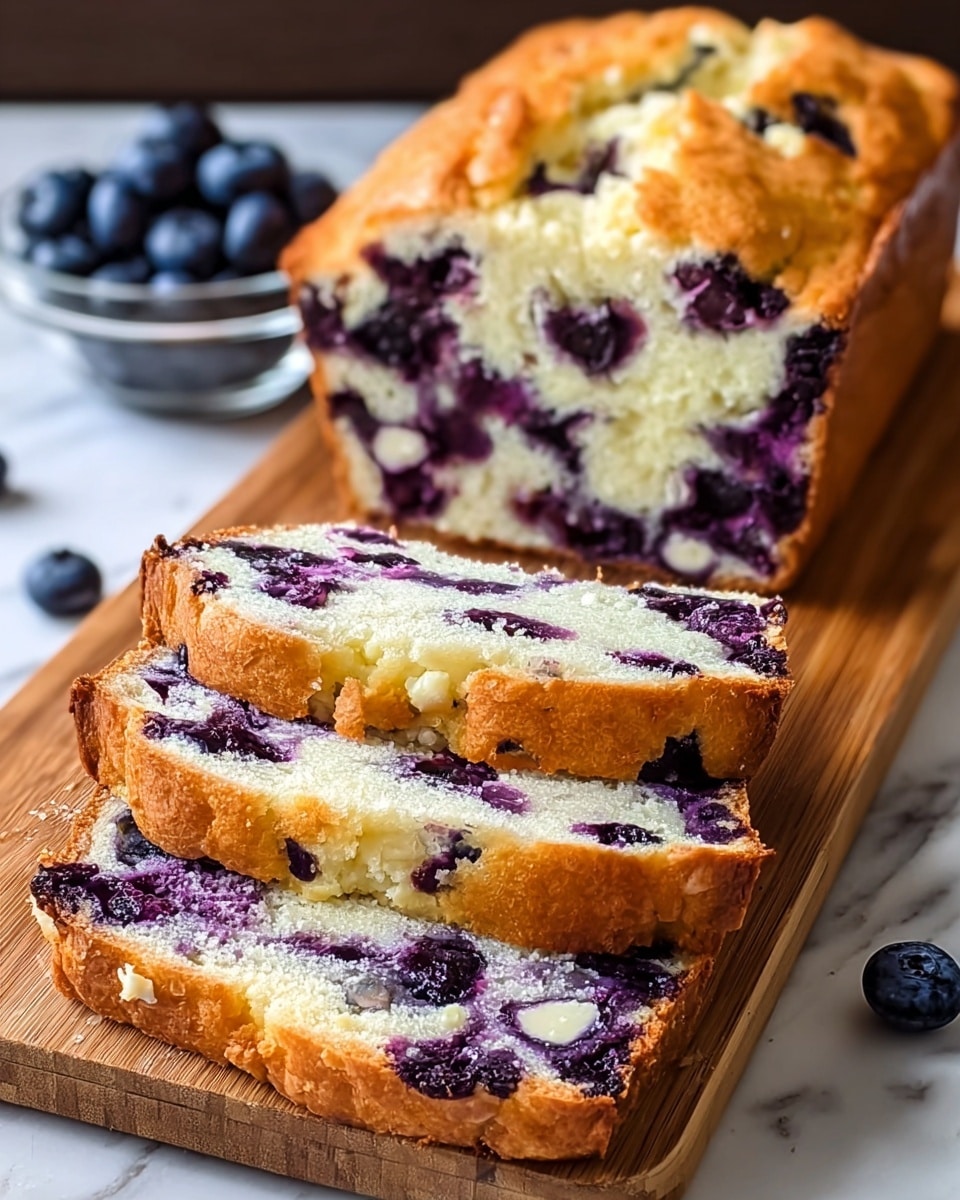 The image shows a loaf of blueberry bread placed on a wooden board, with two slices cut from the front. The bread has a golden-brown crust that looks slightly crisp and textured. Inside, the bread is light cream in color with a soft, fluffy texture and is filled with a generous amount of dark purple blueberries spread evenly throughout the layers. The blueberries create vivid pops of color contrasting with the pale bread, and there are some small white chunks, likely bits of cheese or cream, mixed within. In the background, a small clear bowl holds more blueberries. The setting is on a white marbled surface. Photo taken with an iphone --ar 4:5 --v 7