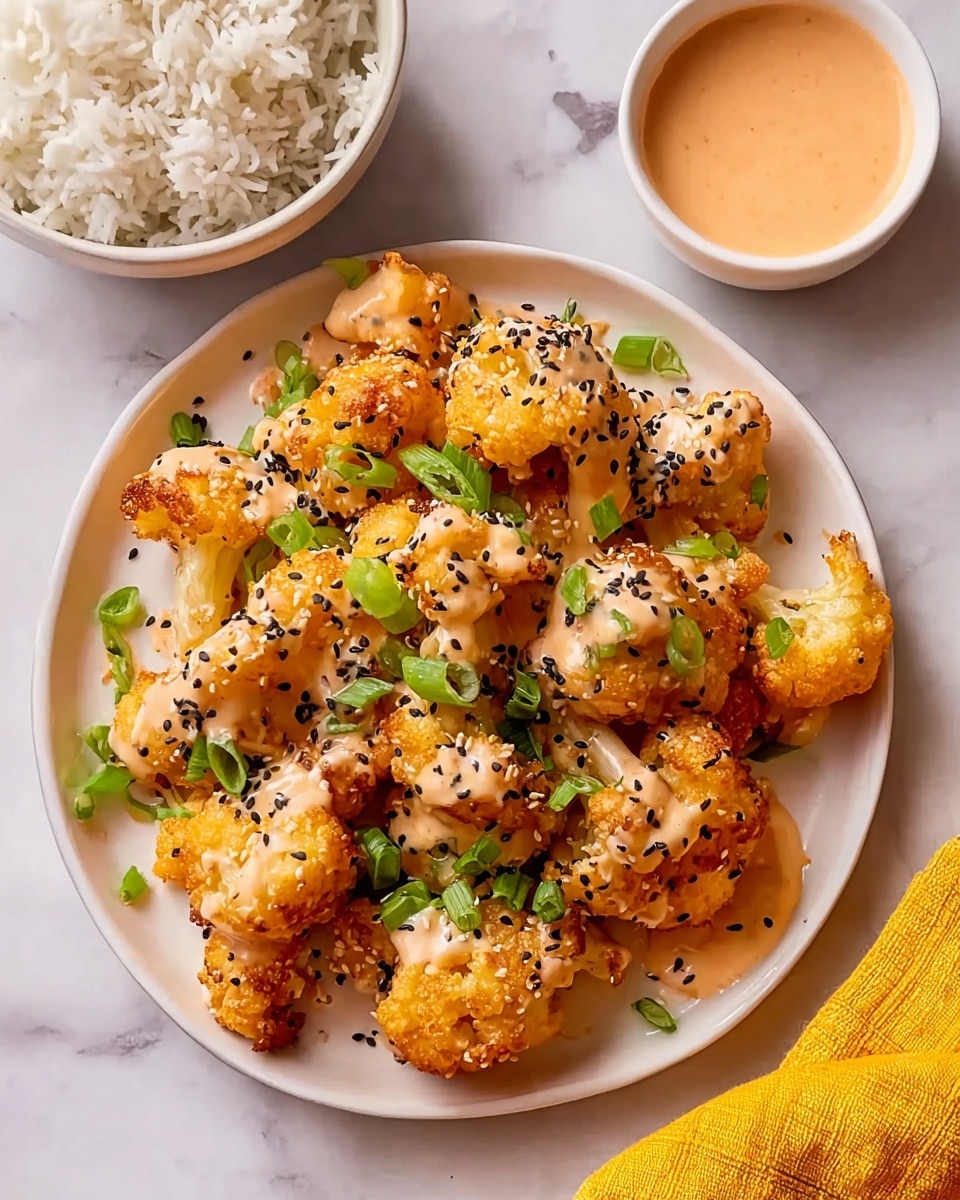 A white plate holds a single layer of golden fried cauliflower pieces, each coated in a creamy, light orange sauce with specks of black sesame seeds scattered on top. Fresh green sliced scallions are sprinkled evenly over the cauliflower, adding a pop of color. To the top left of the plate, a white bowl filled with plain white rice sits partially in view, while a small white ramekin of extra light orange sauce is positioned to the upper right of the plate. The plate and bowls rest on a white marbled surface, with a small corner of a yellow cloth visible near the bottom right. photo taken with an iphone --ar 4:5 --v 7