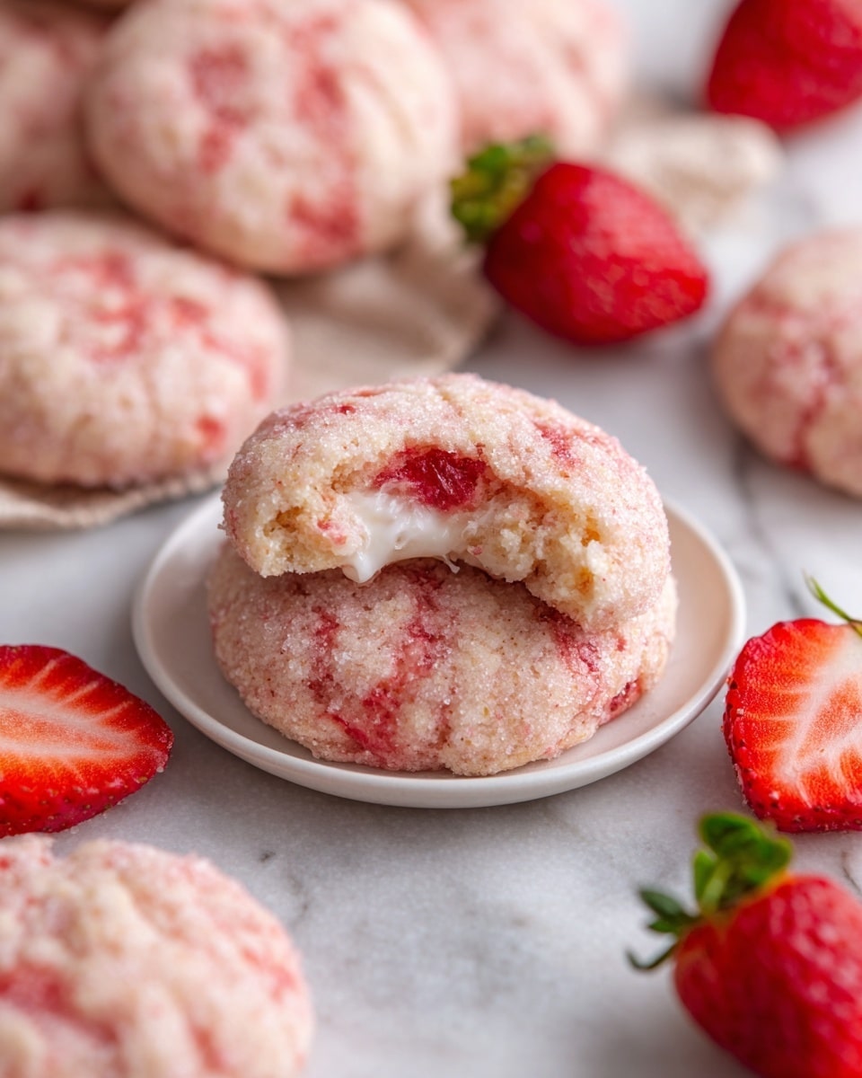 The image shows soft, round cookies with a pinkish texture and small red strawberry pieces inside. One cookie is placed on a small white plate in the center, with a bite taken out of it to show a white creamy filling layer inside along with bits of red strawberry. Surrounding the plate, there are more similar cookies and fresh whole and halved strawberries placed on a white marbled surface, adding bright red and green color contrasts to the scene. The cookies have a slightly crumbly, sugar-coated look that makes them appear fresh and soft. Photo taken with an iphone --ar 4:5 --v 7