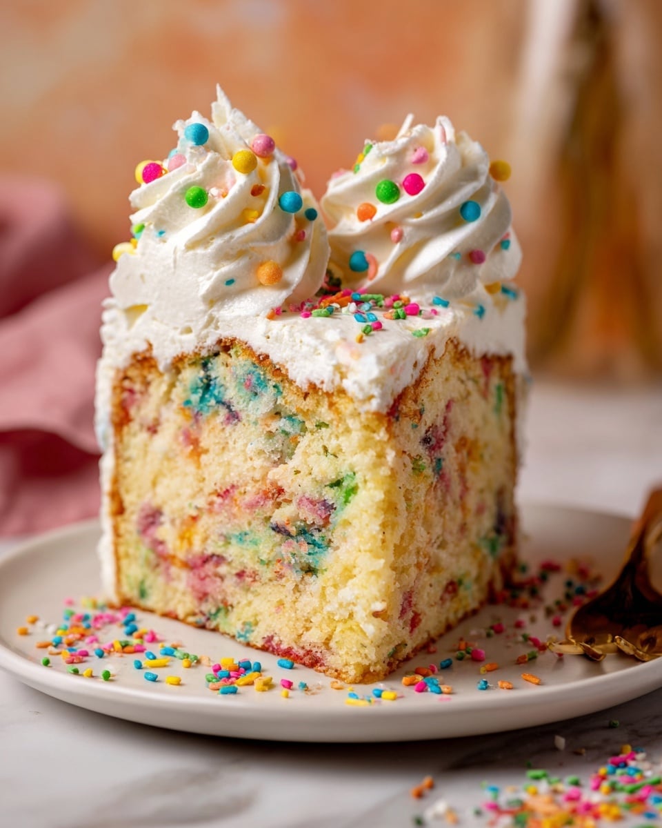 A close-up of a single slice of funfetti cake on a white plate, showing one thick layer of moist yellow cake speckled with colorful confetti sprinkles inside. On top is a thick layer of white creamy frosting with two big swirls of whipped cream, all covered with scattered multicolored round and small confetti sprinkles. Some sprinkles are spilled around the plate. The background has a soft focus with warm tones and a white marbled surface below. photo taken with an iphone --ar 4:5 --v 7