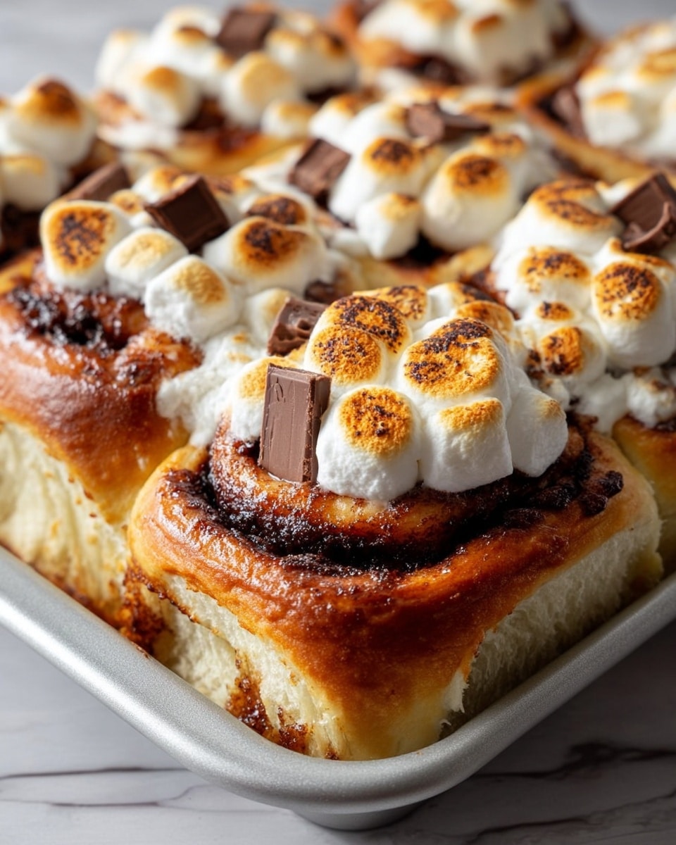 The image shows a tray of cinnamon rolls with three visible layers: the bottom layer is soft, light golden bread, the middle layer is a dark brown cinnamon swirl, and the top layer has fluffy, toasted white marshmallows with golden-brown spots and small square pieces of chocolate on top. The rolls are placed close together in a silver metal baking tray, which sits on a white marbled surface. The marshmallows look soft and melted but with lightly toasted edges. photo taken with an iphone --ar 4:5 --v 7