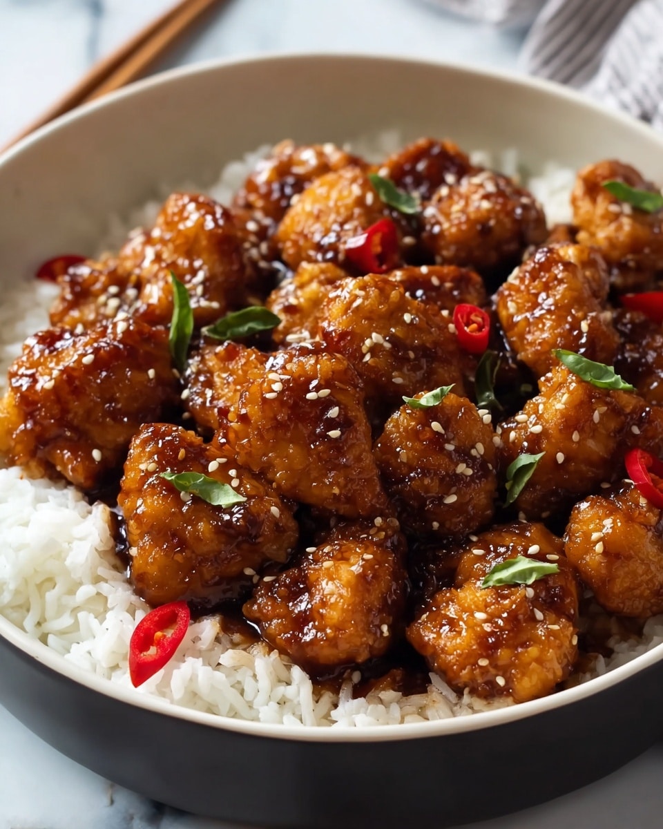 The dish shows a close-up of crispy golden-brown chicken pieces coated in a shiny, thick dark brown sauce, sitting on a base layer of fluffy white rice inside a white bowl. The chicken is sprinkled with small white sesame seeds and garnished with small green herb leaves on top. Bright red chili slices are scattered throughout the chicken pieces, adding color contrast. The bowl rests on a white marbled surface with a soft-focus background. photo taken with an iphone --ar 4:5 --v 7