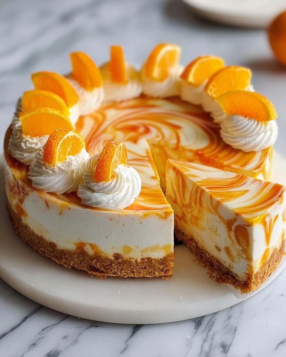 A round cheesecake with three main layers sits on a white marbled surface. The bottom layer is a thick, rough-textured golden-brown crust. Above it is a thick white cream layer with bright orange swirls mixed on the top surface, creating a smooth marbled effect. The top edge of the cake is decorated with dollops of white whipped cream, each topped with a thin, bright orange slice arranged upright around the cake. One slice of the cake is cut and slightly pulled out, showing the clean layered cross-section with the swirled orange pattern continuing inside. Photo taken with an iphone --ar 4:5 --v 7