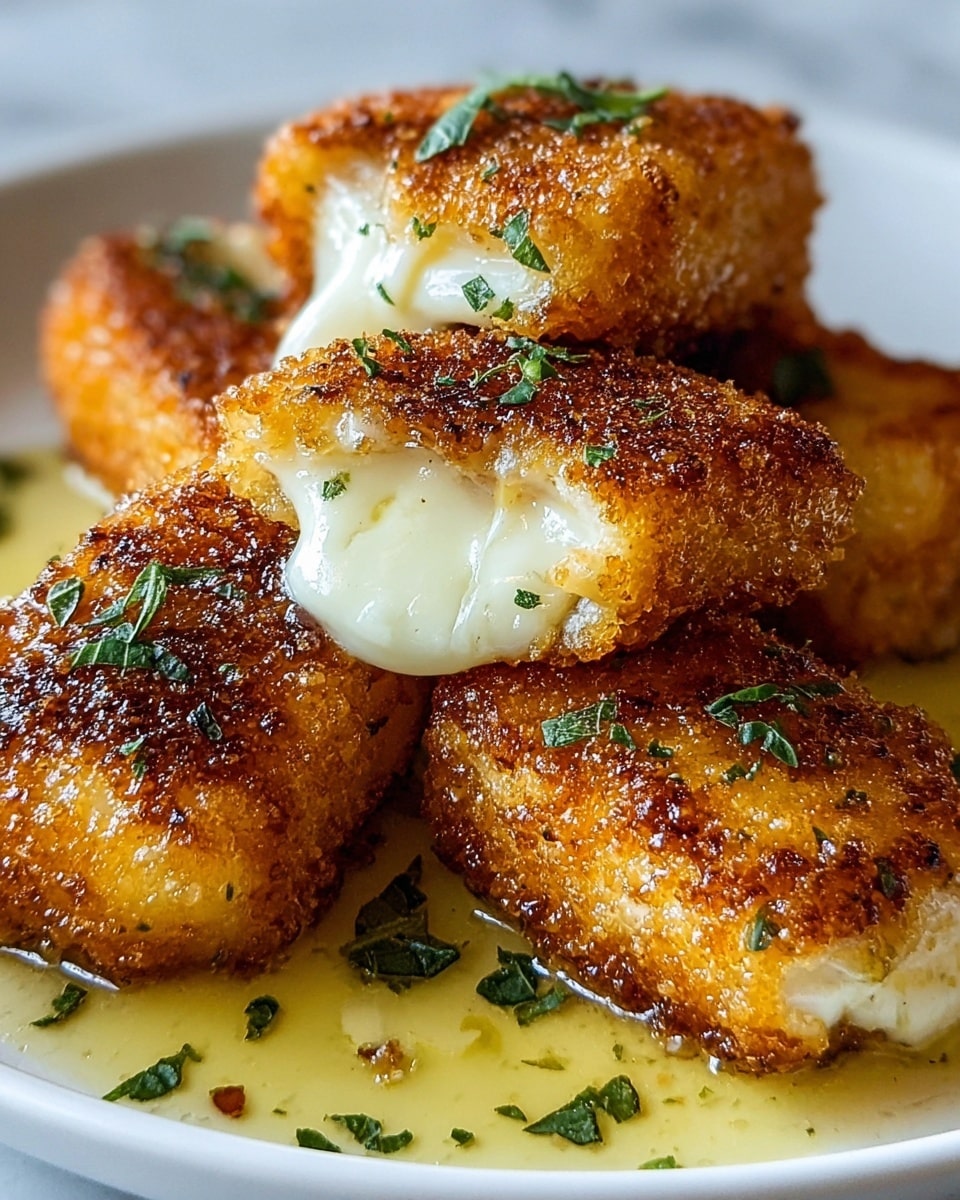 The image shows five pieces of golden brown, crispy fried cheese on a white plate. Each piece has a crunchy textured outer layer in a deep golden color, with some areas darker from frying. The cheese inside is melted and creamy white, slightly oozing out from a few pieces. The fried cheese pieces are sprinkled with small, fresh green herb leaves that add color contrast. The plate also has a light yellow sauce beneath the cheese, slightly glistening and adding a moist look. The background is a white marbled texture. photo taken with an iphone --ar 4:5 --v 7