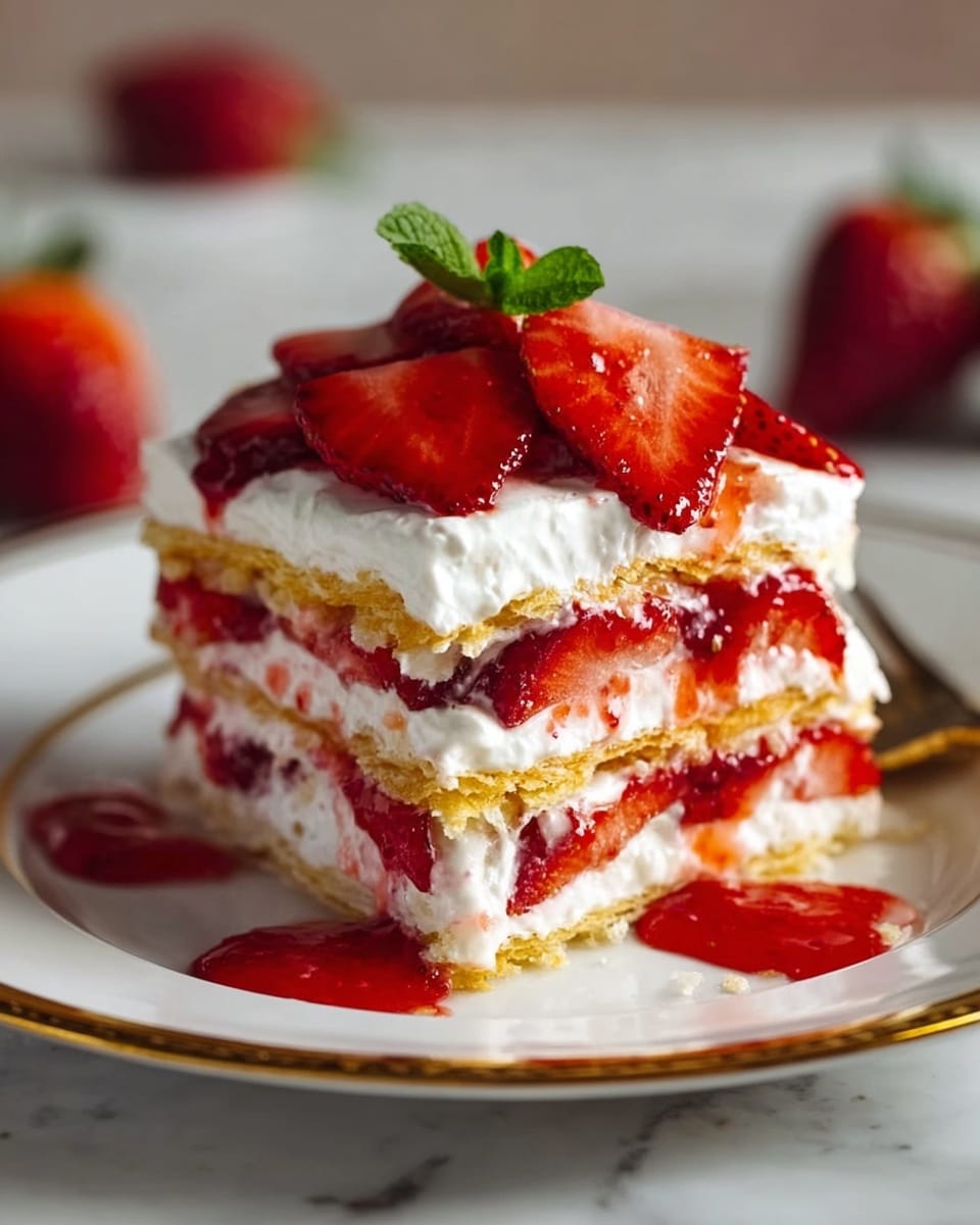 A three-layered strawberry dessert is shown on a white plate with a gold rim, placed on a white marbled surface. Each layer consists of a crispy golden pastry, thick white cream, and slices of fresh red strawberries. A bright red strawberry sauce is spread on the plate and between layers, slightly dripping down. The top layer has a thick spread of white cream, topped with whole and sliced strawberries, and a small green mint leaf as decoration. The scene is lit softly with a blurred background. photo taken with an iphone --ar 4:5 --v 7