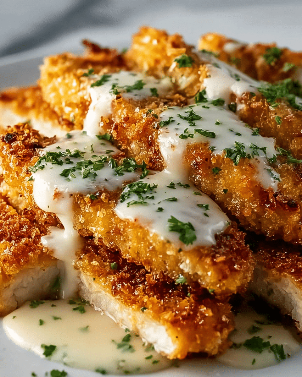 The image shows close-up crispy breaded chicken cut into thick strips, each strip having a golden brown crunchy crust with visible crumbs. On top of the chicken strips is a smooth, creamy white sauce drizzled evenly over the surface. Small pieces of chopped green parsley leaves are sprinkled on top, giving a fresh touch of color. The chicken sits on a white marbled surface, enhancing the golden colors. photo taken with an iphone --ar 4:5 --v 7