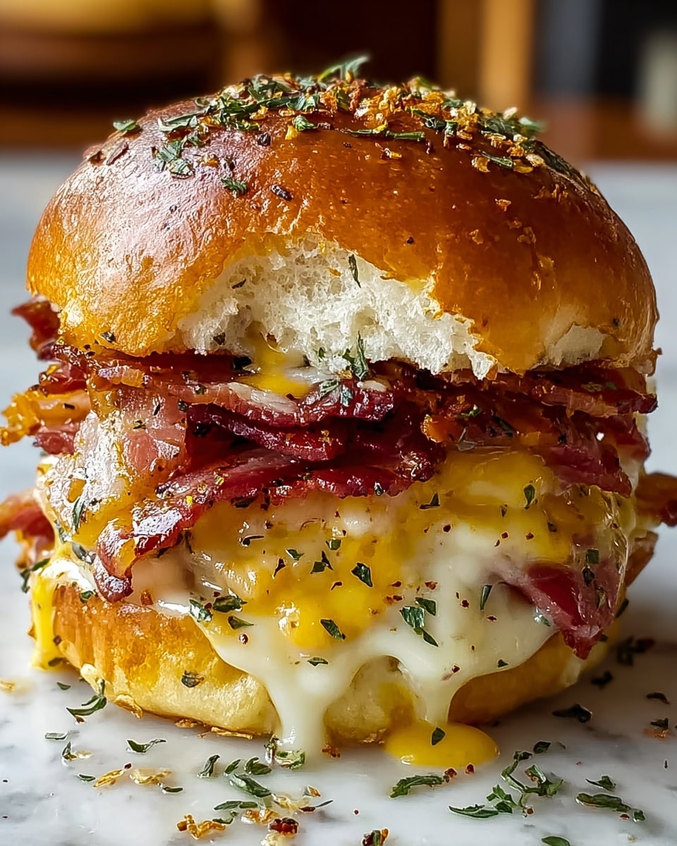 A close-up view of a thick sandwich with three main layers between a shiny golden brown bun sprinkled with herbs and spices. The top bun is slightly bitten, showing the soft white inside. Below it is a layer of melted white cheese over crispy reddish-brown bacon. In the middle, there is a layer of melted yellow cheese covering more bacon pieces. The bottom soft white bun supports the whole sandwich, with some melted cheese and seasoning dripping over the edge. The sandwich sits on a white marbled surface with scattered bits of herbs around it. photo taken with an iphone --ar 4:5 --v 7