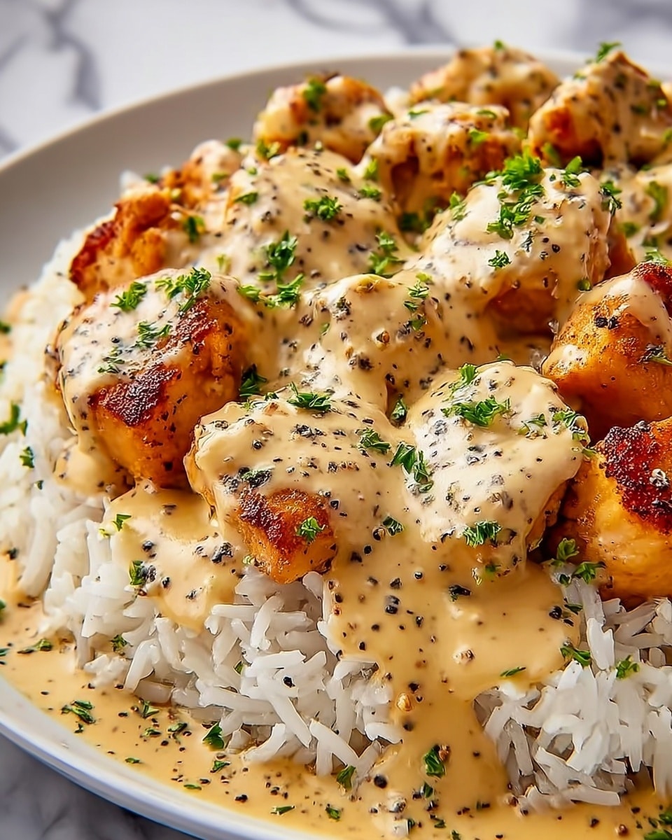 The dish shows a base layer of fluffy white rice in a thick, even spread. On top of this is a second layer of browned, grilled chicken pieces with a golden crust that contrasts well with the rice underneath. Covering the chicken is a creamy, light tan sauce sprinkled with small chopped green herbs and cracked black pepper, creating texture and color contrast. The sauce looks smooth and glossy, slightly dripping over the edges of the chicken and rice. The dish is presented on a white plate set against a white marbled surface. photo taken with an iphone --ar 4:5 --v 7