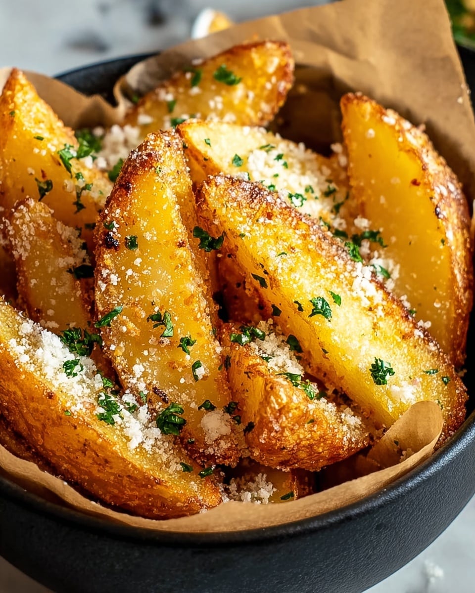 A close-up of a bowl filled with golden-brown thick potato wedges, each piece crispy on the outside with a slightly rough texture and sprinkled generously with grated white cheese and small bright green herb bits. The wedges have a rustic appearance with some darkened edges from cooking, and they are stacked unevenly but visibly filling the bowl. The bowl is white speckled, creating a contrast with the warm yellow tones of the potato wedges. The scene is set on a white marbled texture background. photo taken with an iphone --ar 4:5 --v 7