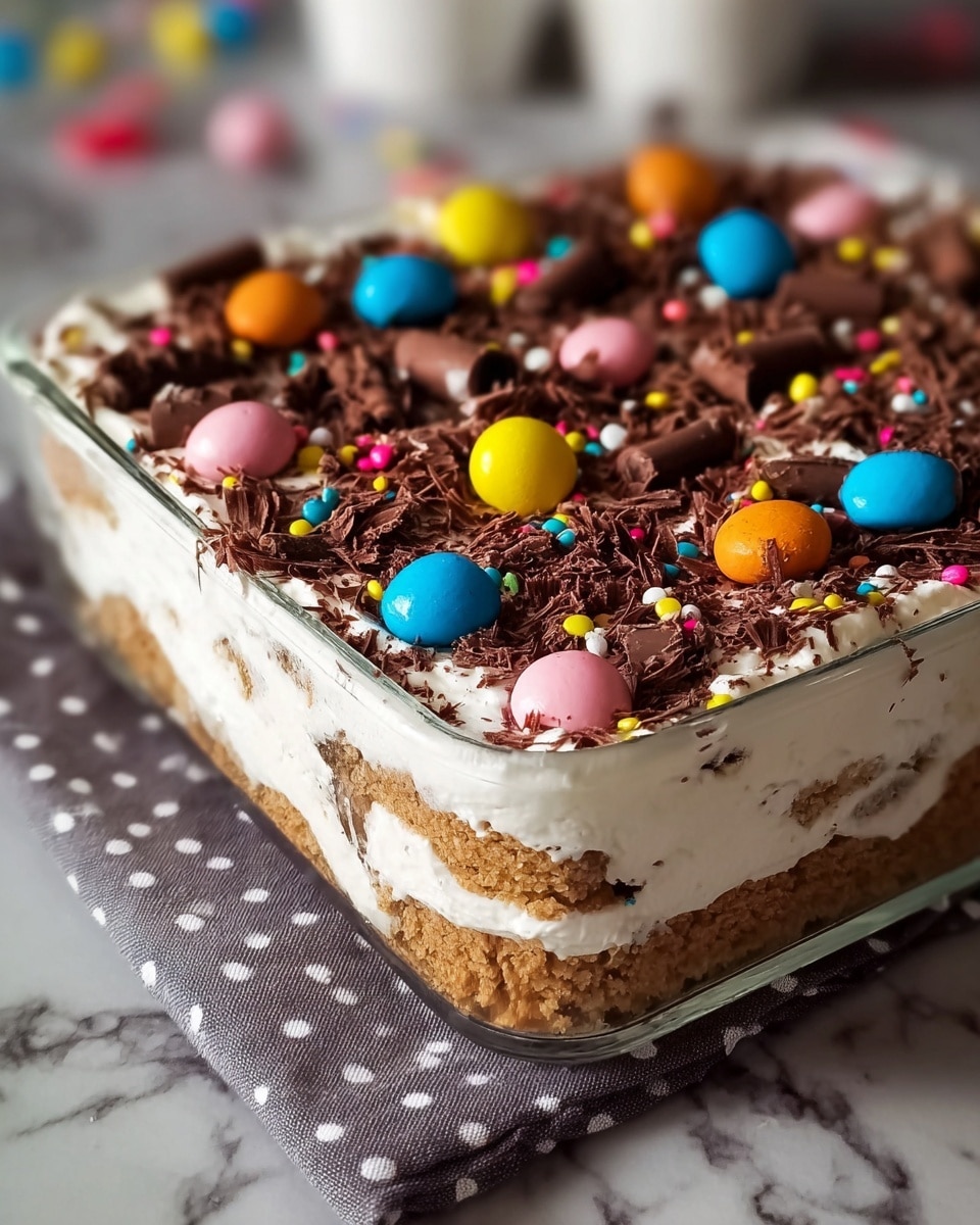 A square glass dish filled with a layered dessert showing three main layers: a bottom creamy beige layer, a middle dark chocolate crumb layer mixed with cream, and a top smooth white cream layer. The top is decorated heavily with colorful candy eggs in pastel pink, blue, yellow, and orange, pieces of milk chocolate shaped like broken eggs, crumbled dark chocolate cookie bits, and colorful sprinkles scattered all over. The dish sits on a gray cloth on a white marbled surface with a blurred background, and a few candy eggs rest around the dish. photo taken with an iphone --ar 4:5 --v 7