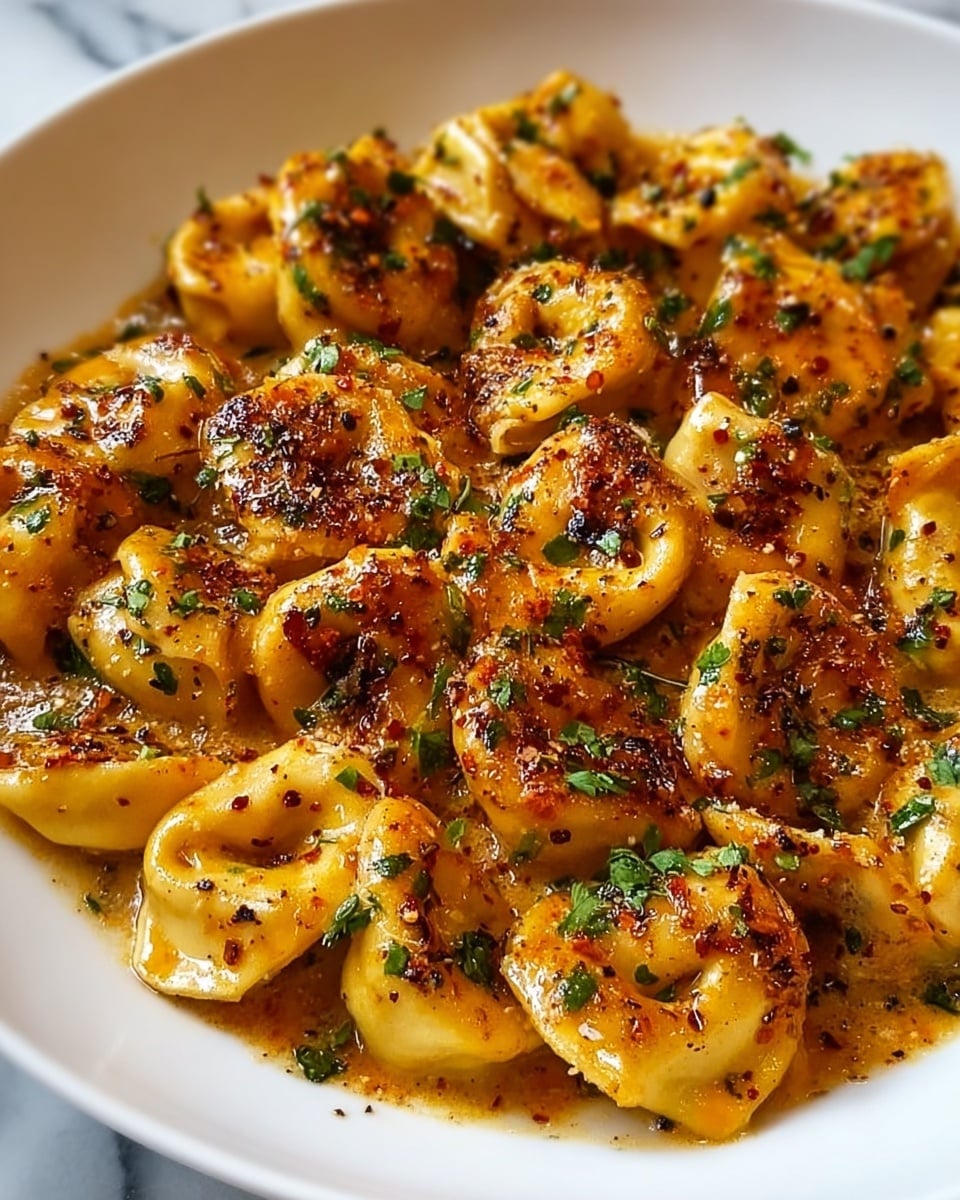 The image shows a close-up of a dish filled with many pieces of tortellini pasta coated in a rich, golden brown sauce. Each pasta piece has a slightly browned, crispy texture on its surface, with small green herb bits sprinkled evenly all over. The creamy sauce surrounds the pasta, giving a glossy shine with visible pepper flakes and herbs. The dish is placed on a white plate, set on a white marbled surface. photo taken with an iphone --ar 4:5 --v 7