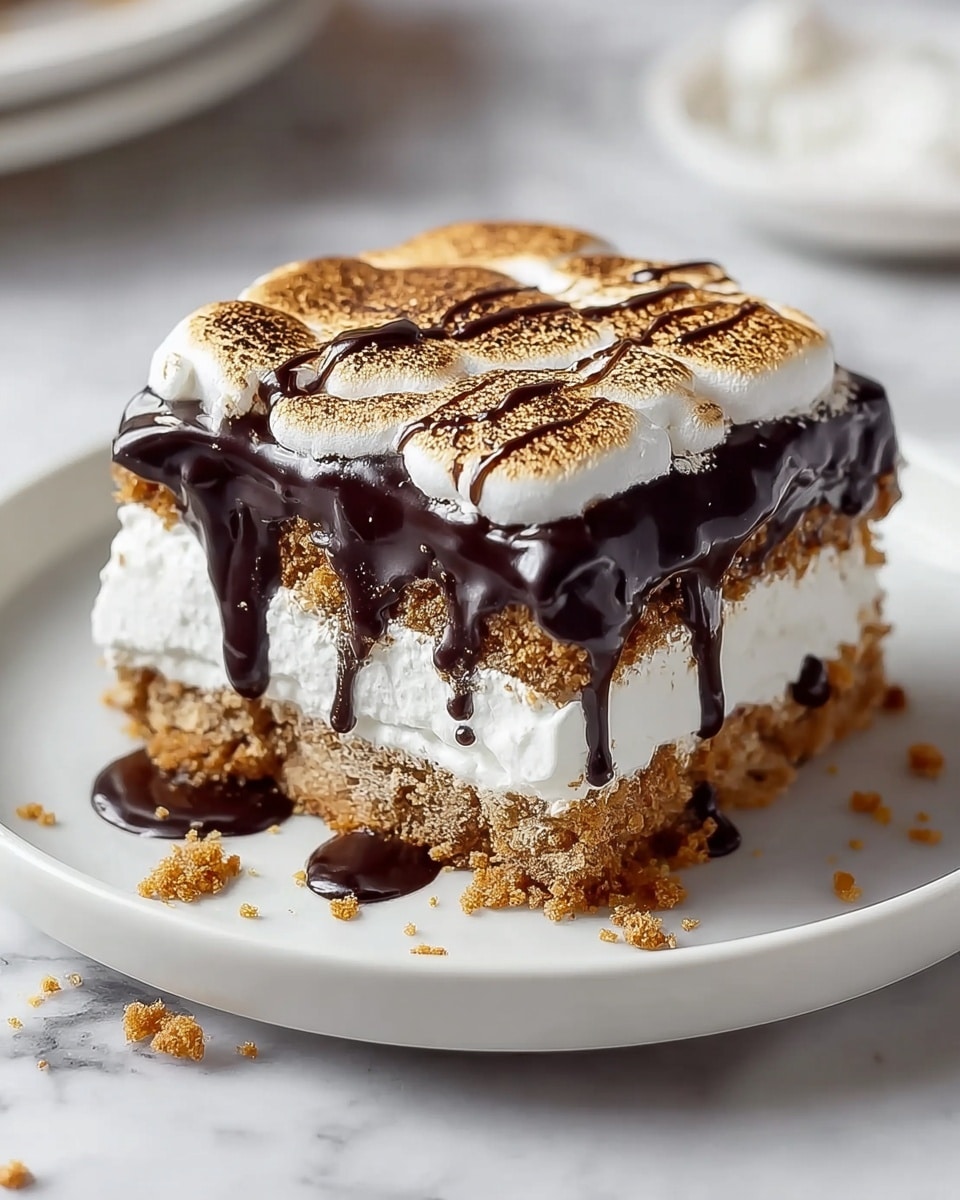A square slice of layered dessert is shown on a white plate on a white marbled surface. The dessert has four visible layers: the bottom layer is a crumbly, light brown base; above it is a thick white creamy layer; next is a darker, crumbly chocolate or graham cracker layer; finally topped with a thick white fluffy layer that appears toasted on top with a light brown color. Dark chocolate sauce is drizzled over the top, dripping down the sides and pooling slightly at the base, adding a glossy contrast to the textures. Small crumbs are scattered around the plate. Photo taken with an iphone --ar 4:5 --v 7