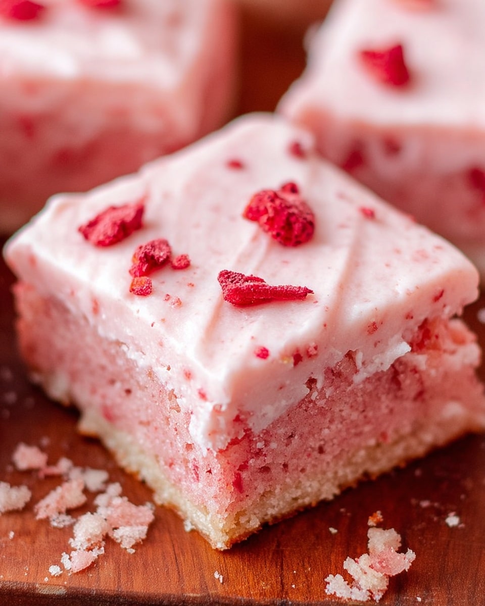 The image shows a close-up of a pink layered dessert cut into square pieces, placed on a white marbled surface. Each piece has two layers: a bottom layer that is a soft, light pink cake with a moist texture, and a top layer of smooth, pale pink frosting with a slightly glossy finish. The frosting is decorated with small pieces of crushed red strawberries scattered on top, adding bright red color and a bit of texture contrast. The edges of the dessert are a bit uneven, showing the softness of the layers. Photo taken with an iphone --ar 4:5 --v 7