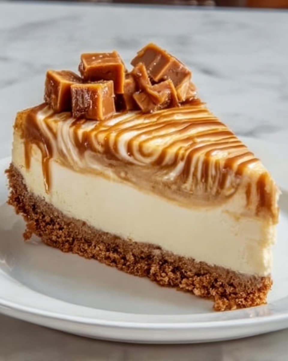 The image shows a slice of layered dessert on a white plate, placed on a white marbled surface. The bottom layer is a crumbly, brown crust with a rough texture. Above the crust is a thick, creamy light beige cheesecake layer. On top of this is a smooth, light caramel layer with a glossy finish and swirled pattern. The slice is topped with dollops of caramel whipped cream and drizzles of caramel sauce, adding a rich golden brown color and shine. photo taken with an iphone --ar 4:5 --v 7