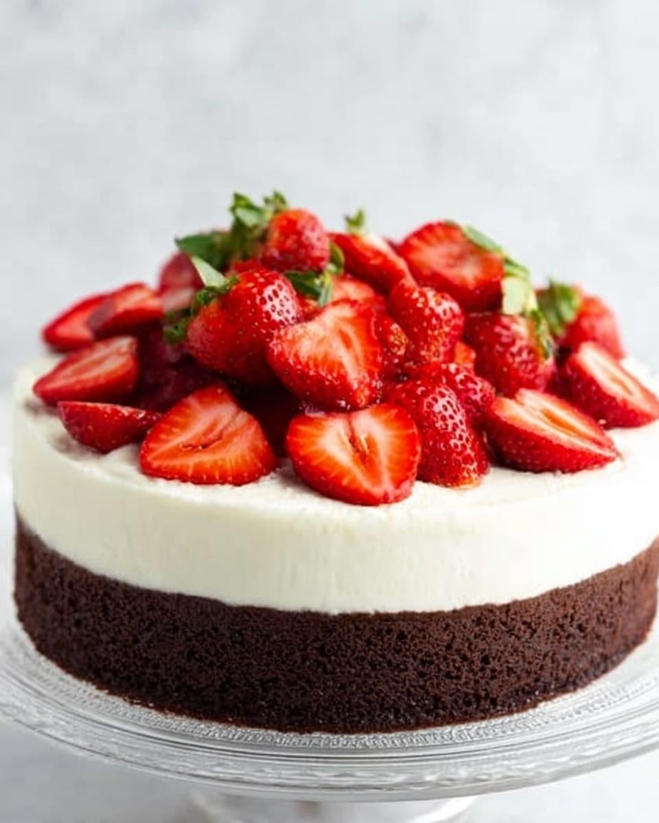 A round dessert with three layers is shown: the bottom layer is thick and dark brown cake, the middle layer is a thick, smooth, creamy white layer, and the top layer is white whipped cream spread evenly. On top of the whipped cream are many red strawberry halves and whole strawberries, arranged to cover the surface. The dessert sits on a shiny silver cake stand on a white marbled surface. Photo taken with an iphone --ar 4:5 --v 7