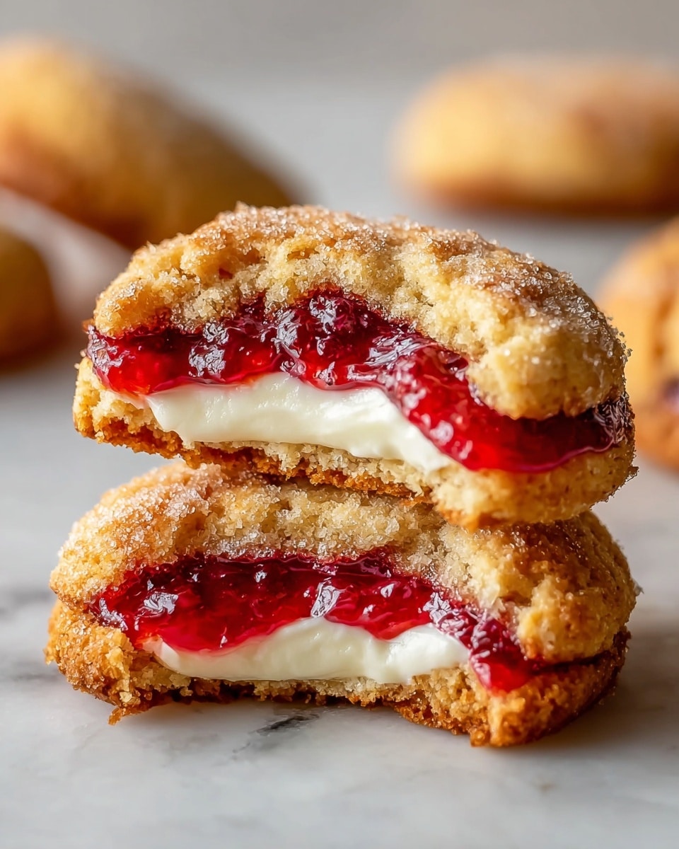 The image shows two halves of a soft, golden brown cookie stacked on a white marbled surface. The cookie has a crumbly texture with sugar crystals on top. Inside, there are two distinct layers: a creamy white filling beneath a glossy, bright red jelly that slightly oozes out. The cookie’s outer layer is slightly crispy and contrasts with the smooth and shiny fillings inside. In the background, an uncut cookie is blurred. photo taken with an iphone --ar 4:5 --v 7