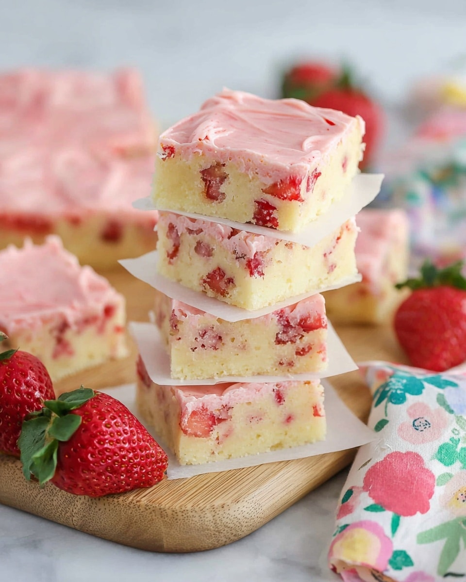 A stack of four square pieces of strawberry dessert bars with a thick pale yellow base mixed with small red strawberry chunks, separated by white parchment paper sheets. Each piece is topped with a smooth, glossy pink strawberry frosting that has a slightly creamy texture and uneven swirls. The stack is placed on a light wooden cutting board with more pieces of the same bars scattered around. Two whole red strawberries with green leaves sit near the bottom left corner, and a white cloth with colorful floral prints is partially shown on the right side, all set on a white marbled texture surface. photo taken with an iphone --ar 4:5 --v 7